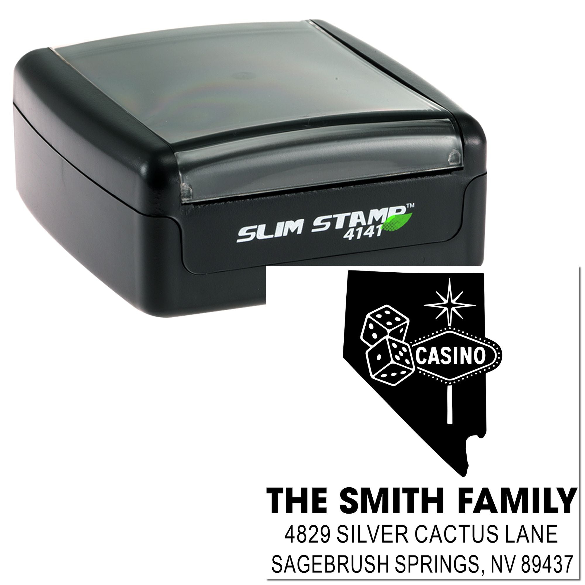 Slim Stamp 4141 custom casino address rubber stamp with dice design for The Smith Family, Sagebrush Springs, NV.