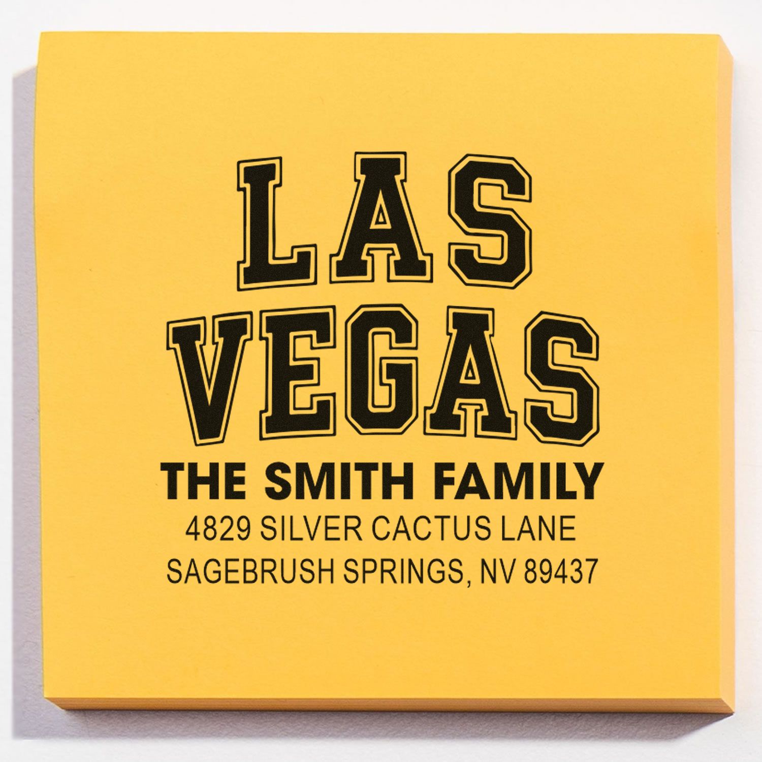 Personalized Las Vegas address rubber stamp for The Smith Family, Sagebrush Springs, NV 89437.
