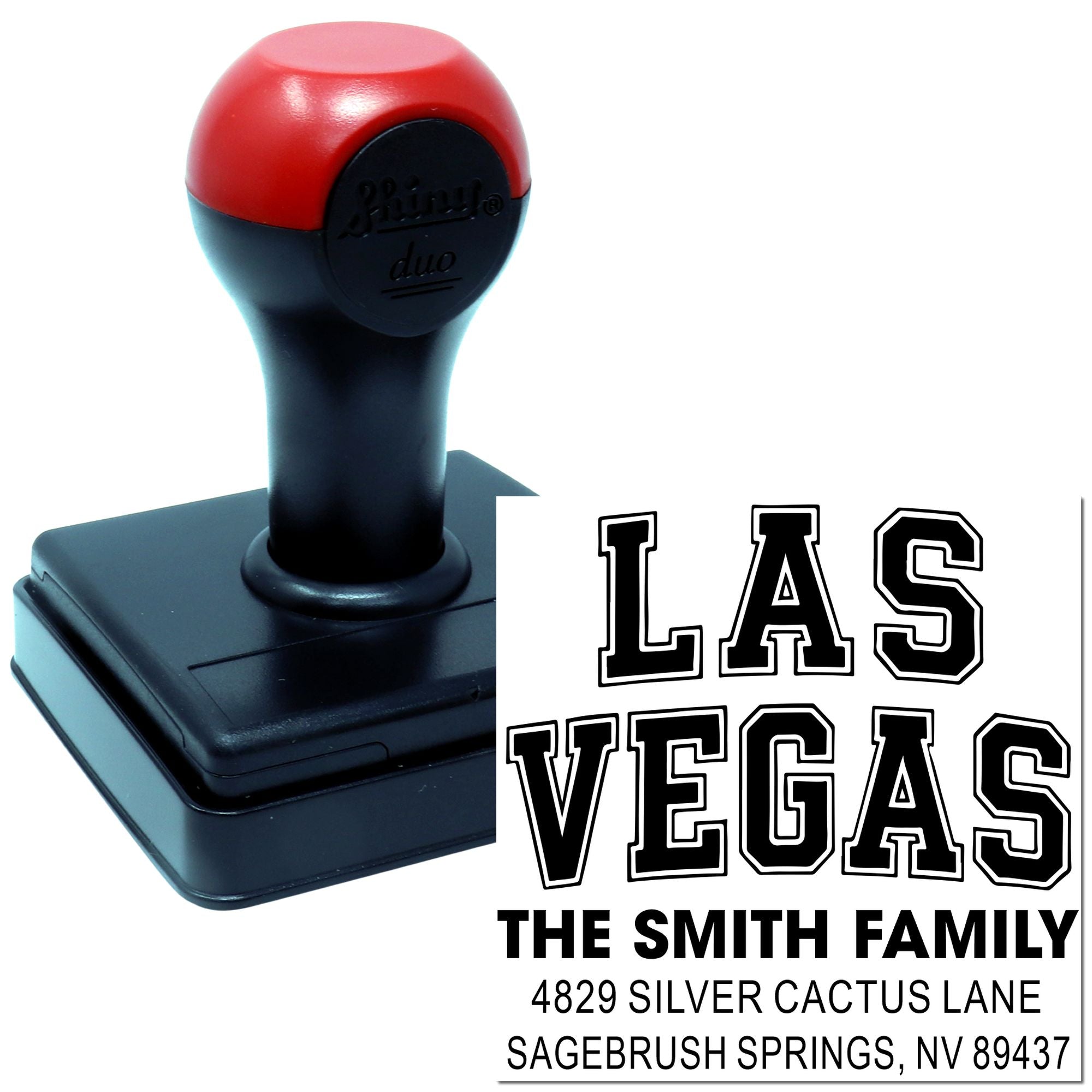 Custom self-inking rubber address stamp for Las Vegas family mailings with name and return address design.