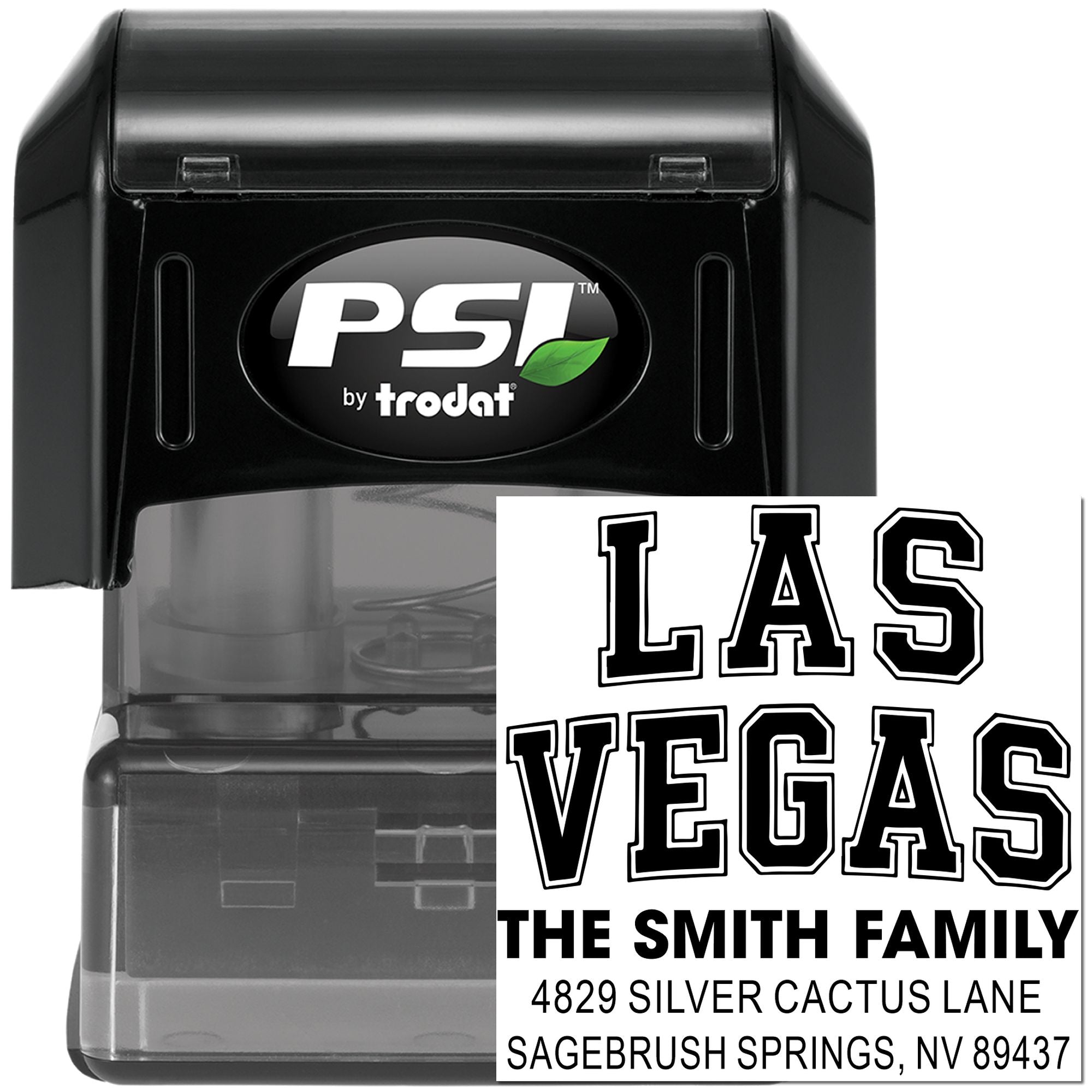 PSI by Trodat custom address rubber stamp with Las Vegas family name and return address imprint