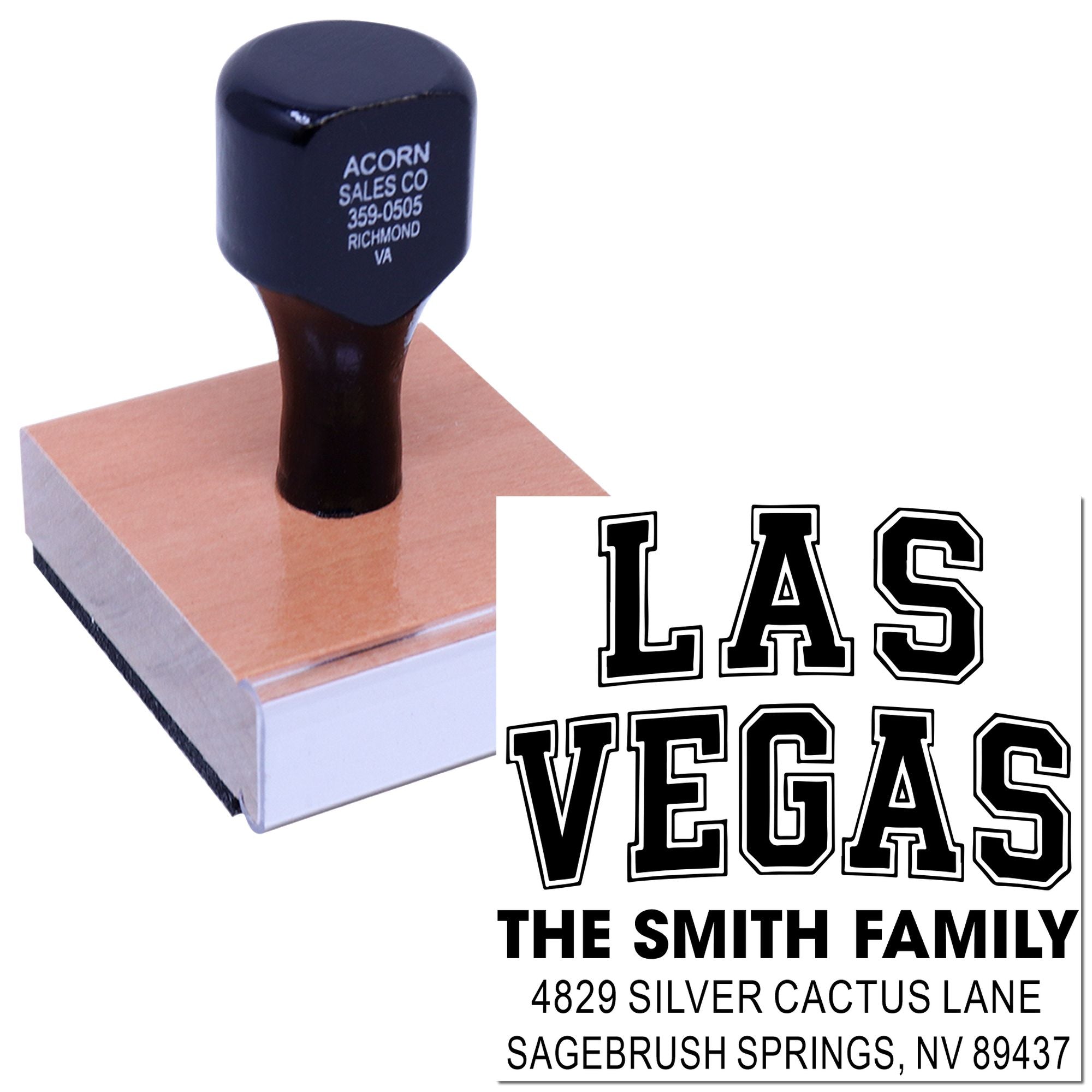 Custom Las Vegas return address rubber stamp for The Smith Family, featuring personalized name and mailing address imprint.