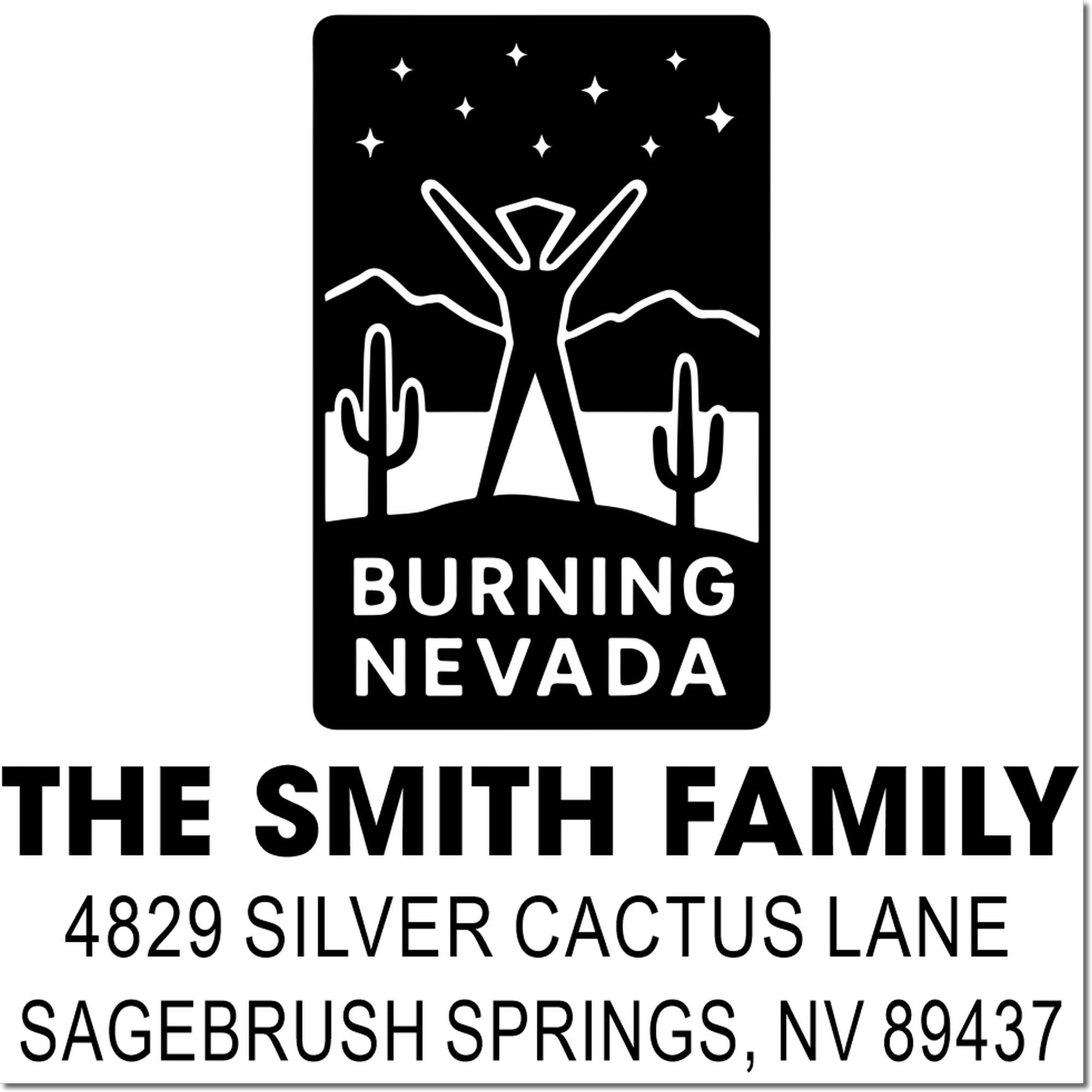 Custom rubber address stamp for The Smith Family with Burning Nevada design and Sagebrush Springs, NV address.
