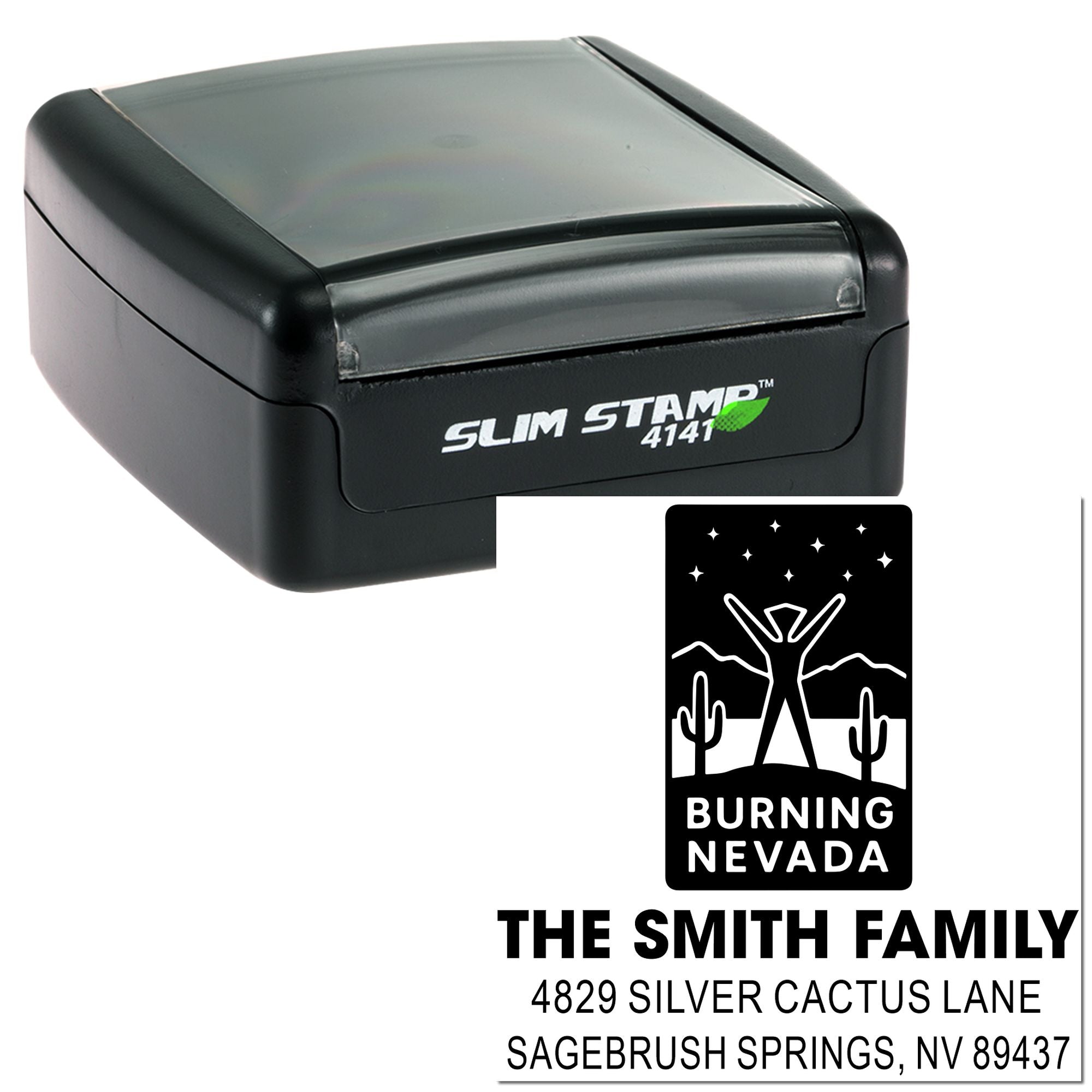 Custom self-inking rubber stamp with Burning Nevada return address design for The Smith Family, Sagebrush Springs, NV