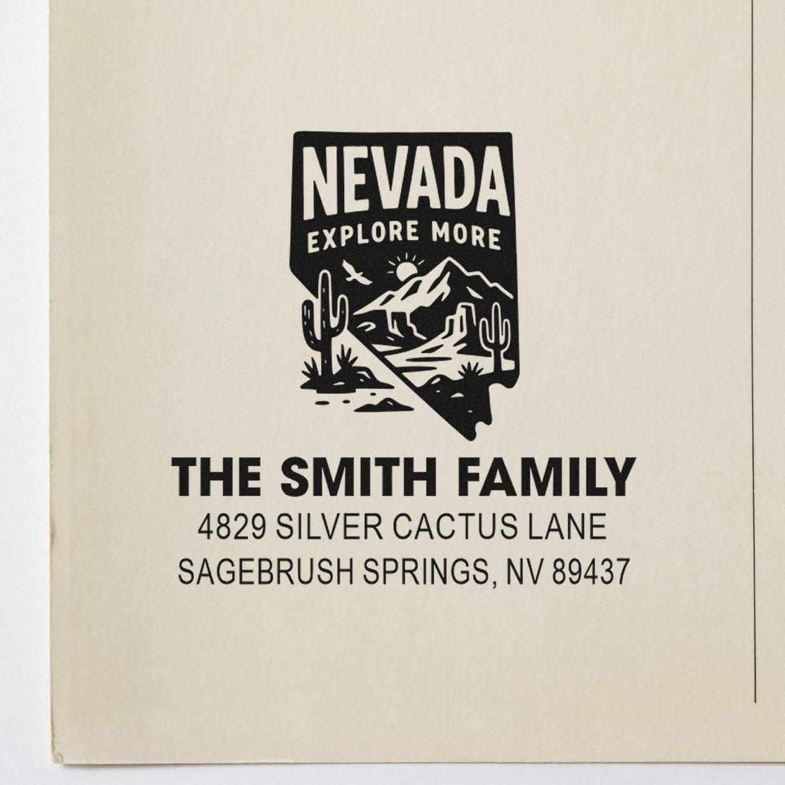 Custom Nevada family address rubber stamp with Explore More travel design, The Smith Family, and Sagebrush Springs, NV address.