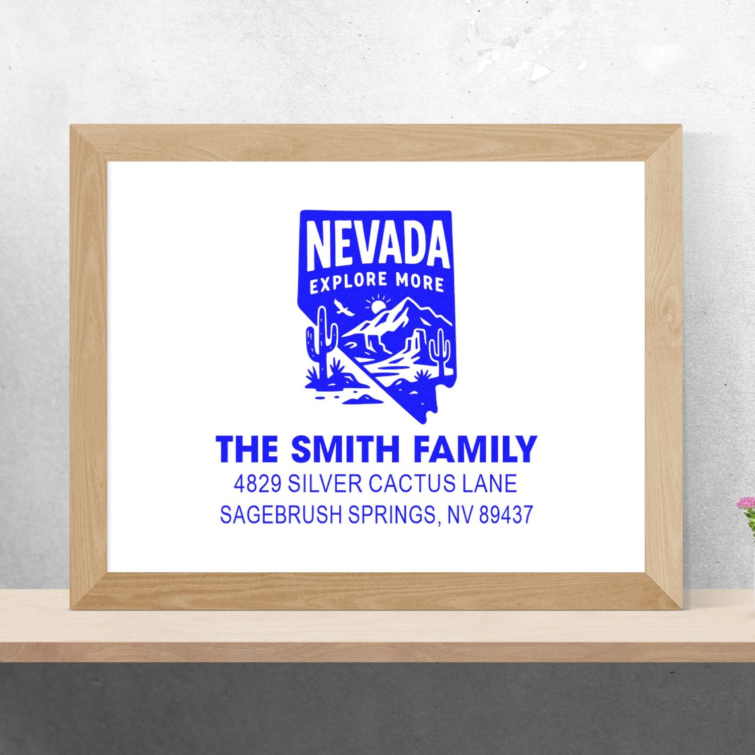 Custom Nevada family address rubber stamp with desert scene and state silhouette for personalized stationery.