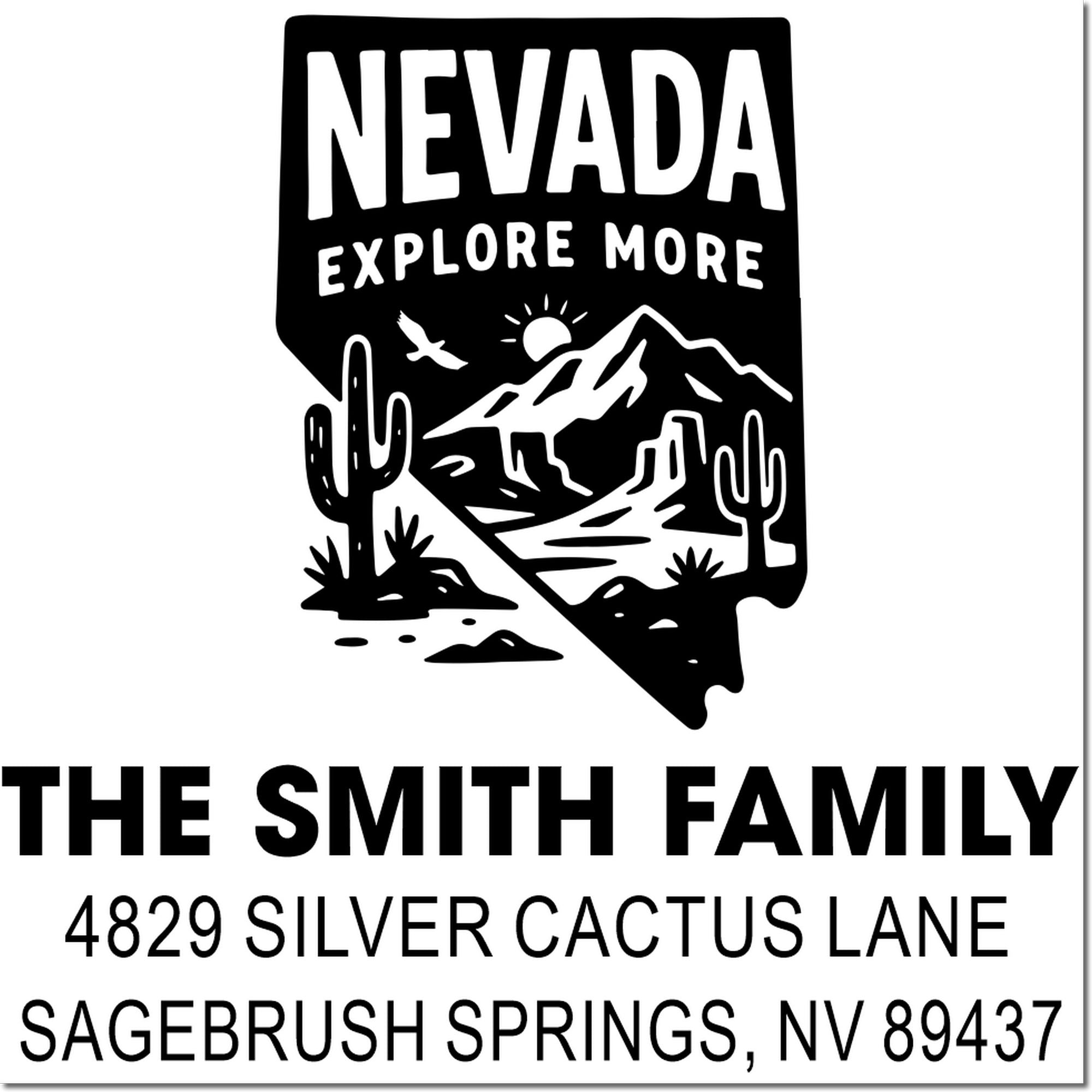 Custom Nevada address rubber stamp with desert travel design for The Smith Family, 4829 Silver Cactus Lane, Sagebrush Springs, NV.