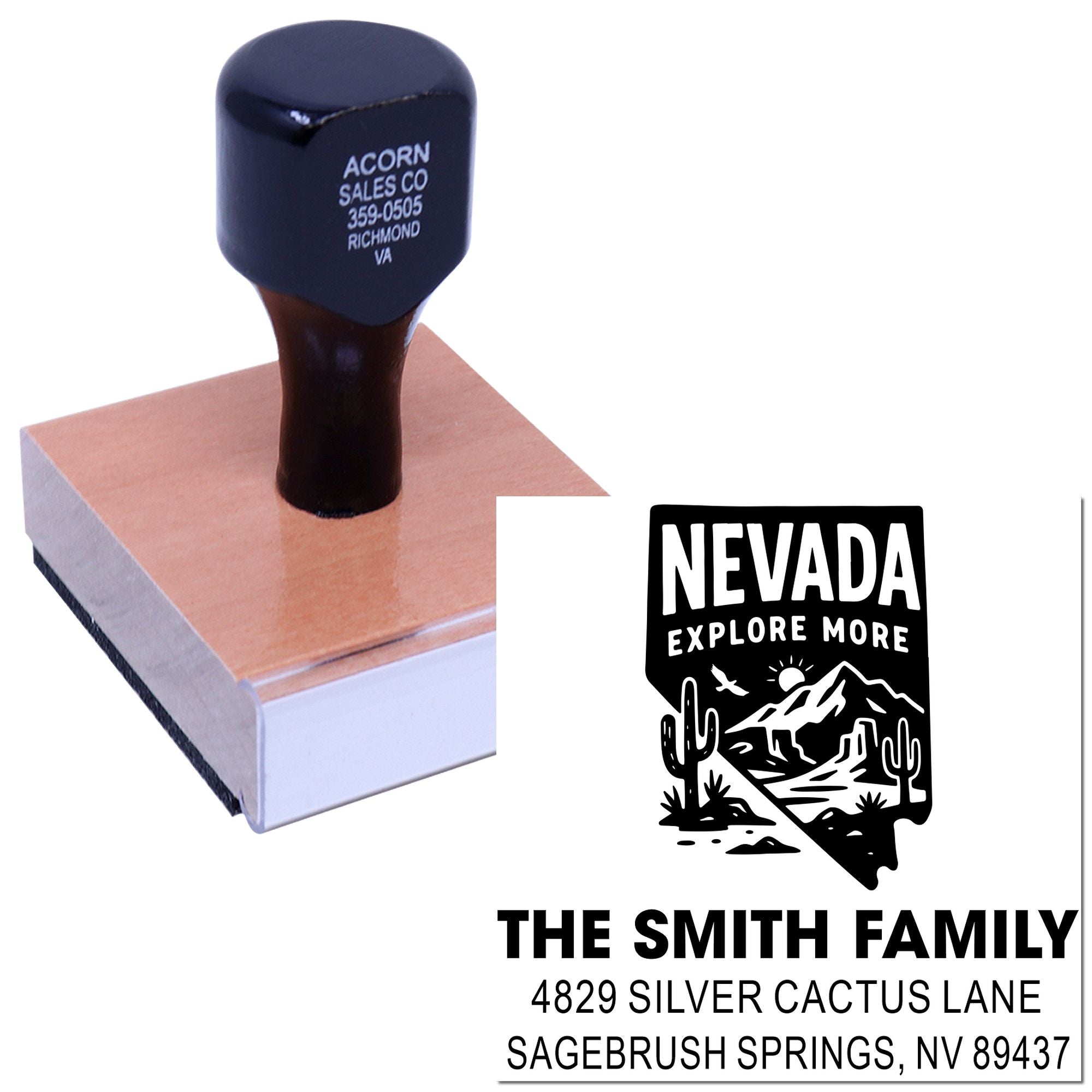 Custom Nevada family address rubber stamp with desert logo and return mailing address for personal correspondence and envelopes
