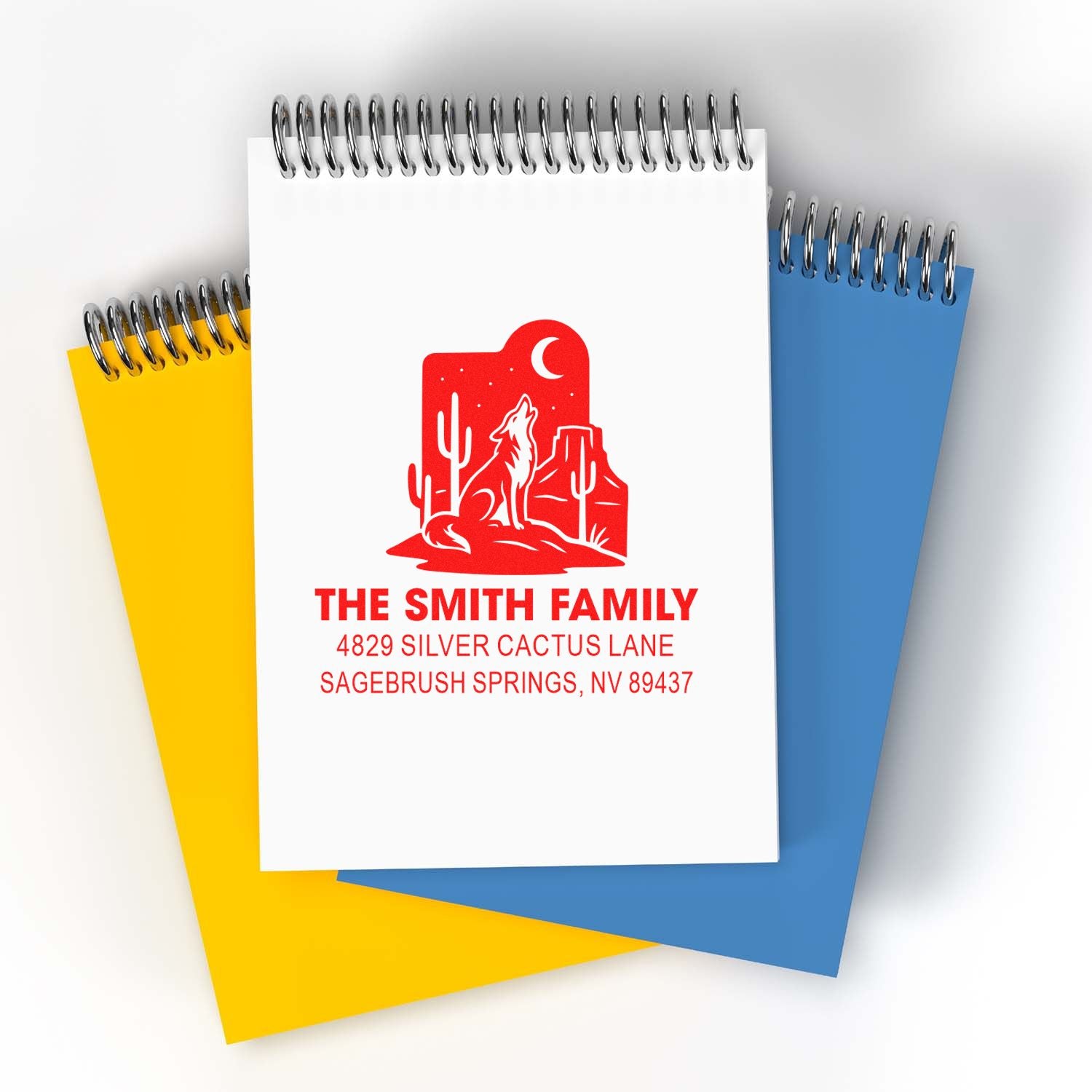 Personalized return address rubber stamp for The Smith Family with desert wolf design and Nevada address.