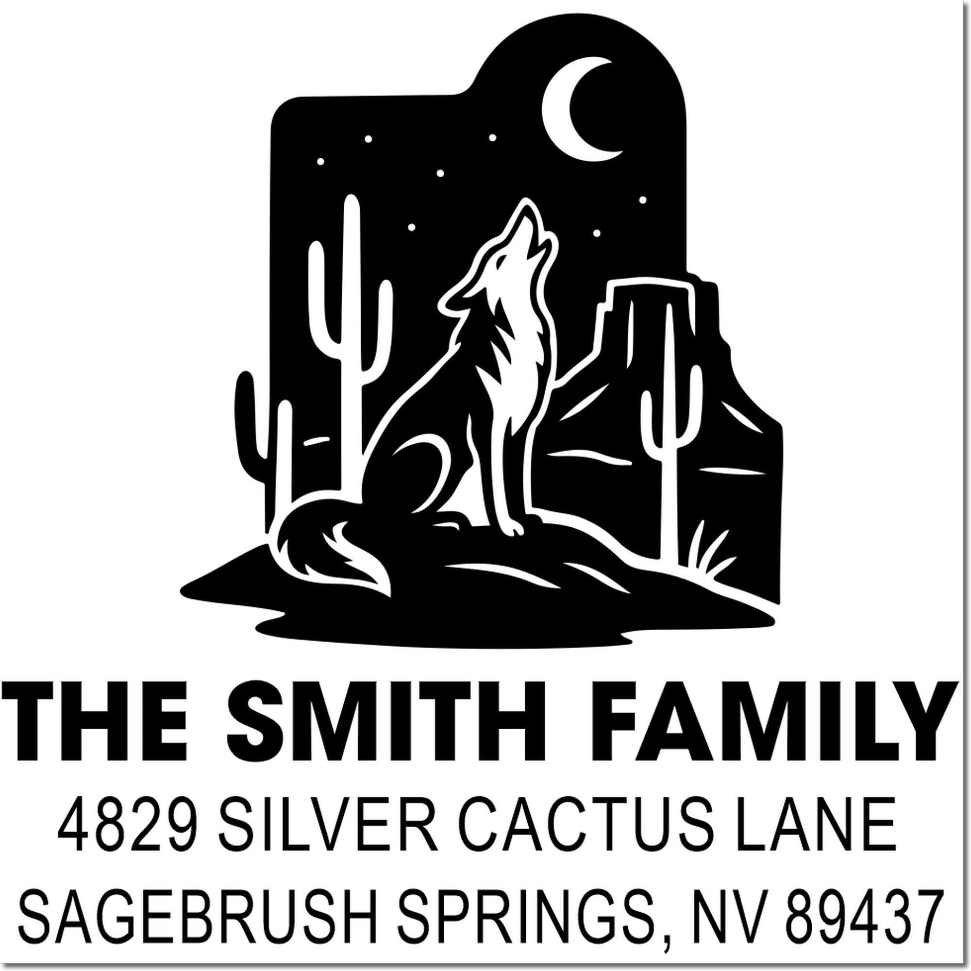 Custom address rubber stamp featuring a wolf and desert scene for The Smith Family return address in Sagebrush Springs, NV.