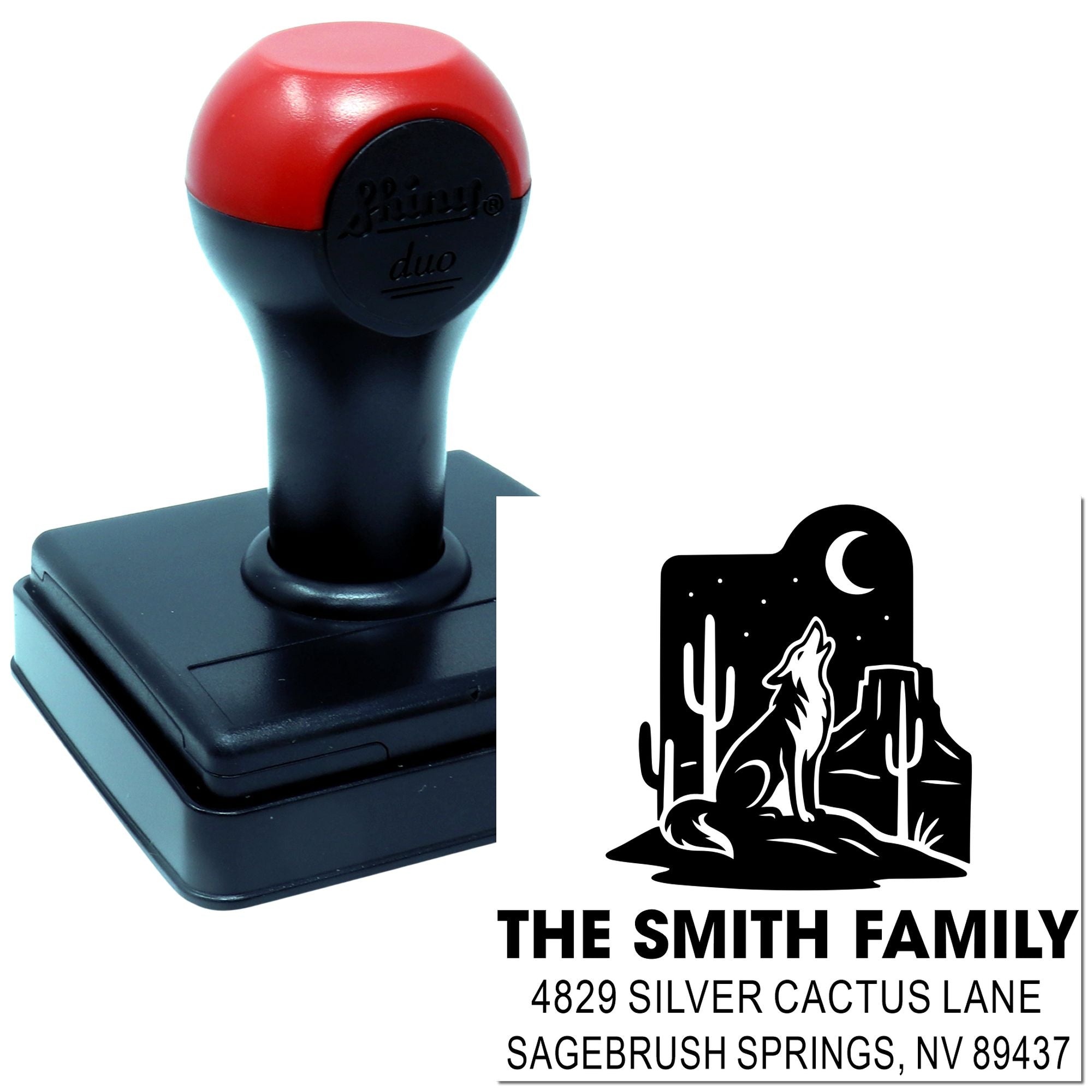 Self-inking personalized return address rubber stamp with wolf and desert design for The Smith Family, Sagebrush Springs, NV.