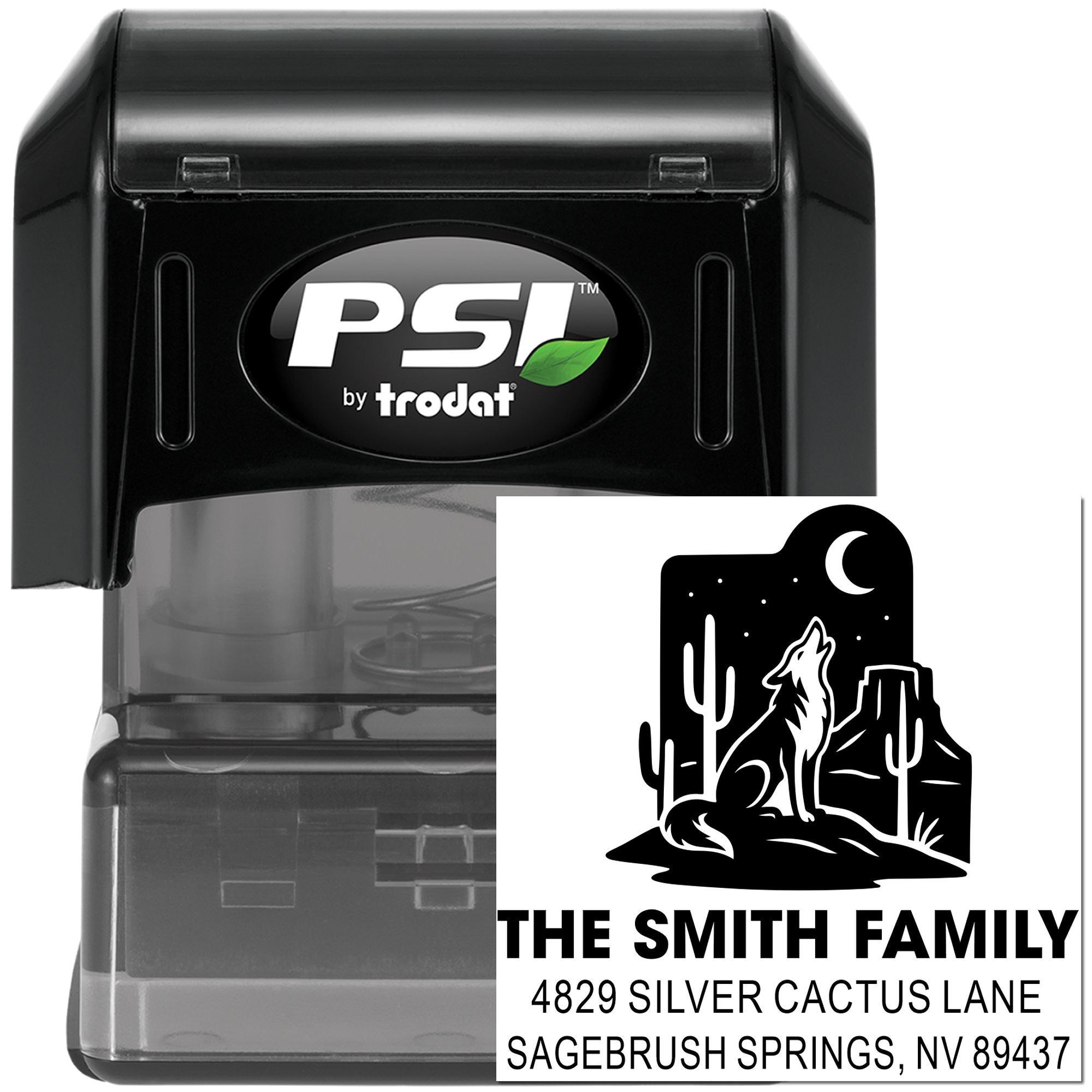 Self-inking custom address rubber stamp with desert wolf family design for The Smith Family, Sagebrush Springs, NV.