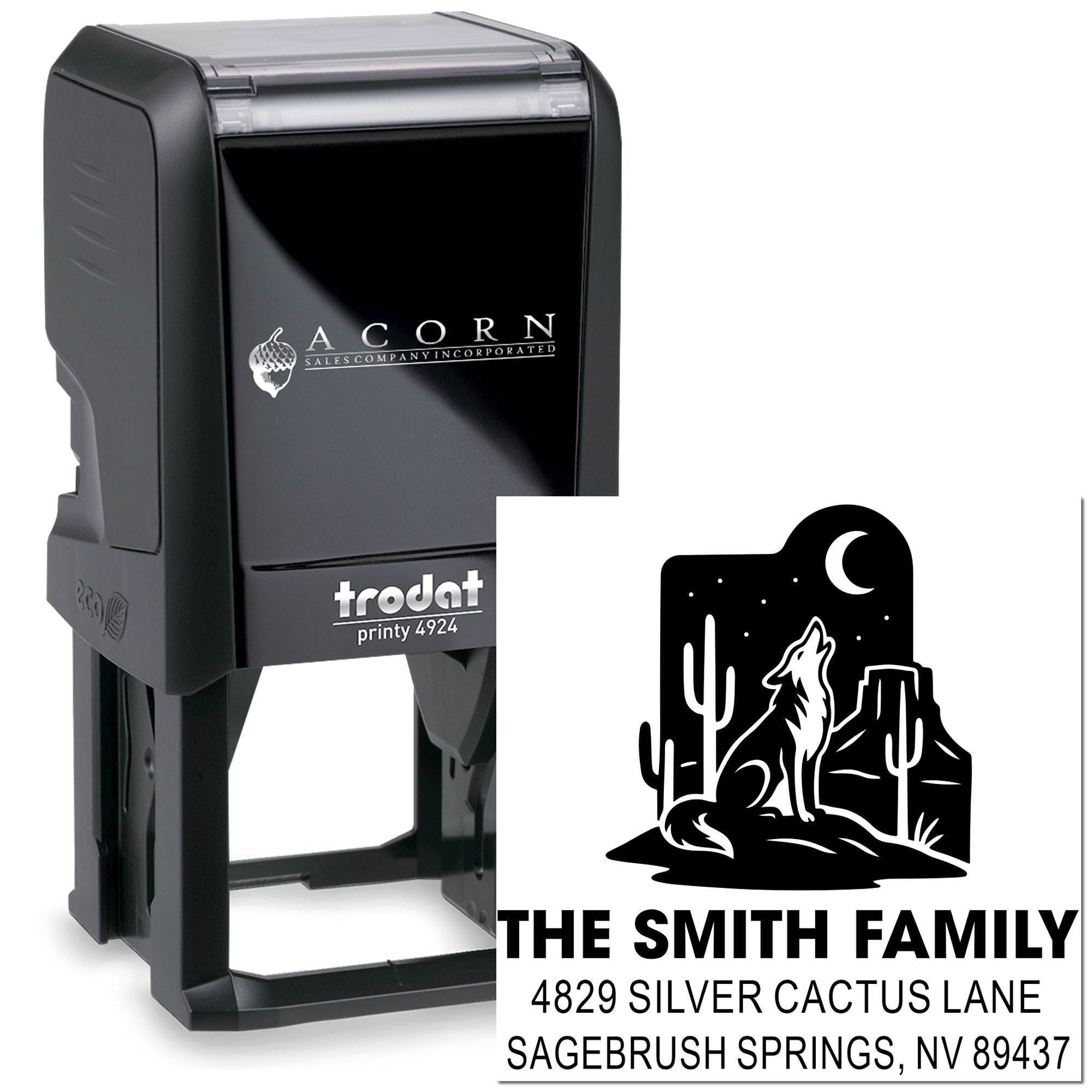 Trodat Printy 4924 self-inking rubber stamp for a custom family address stamp with desert wolf and cacti design.