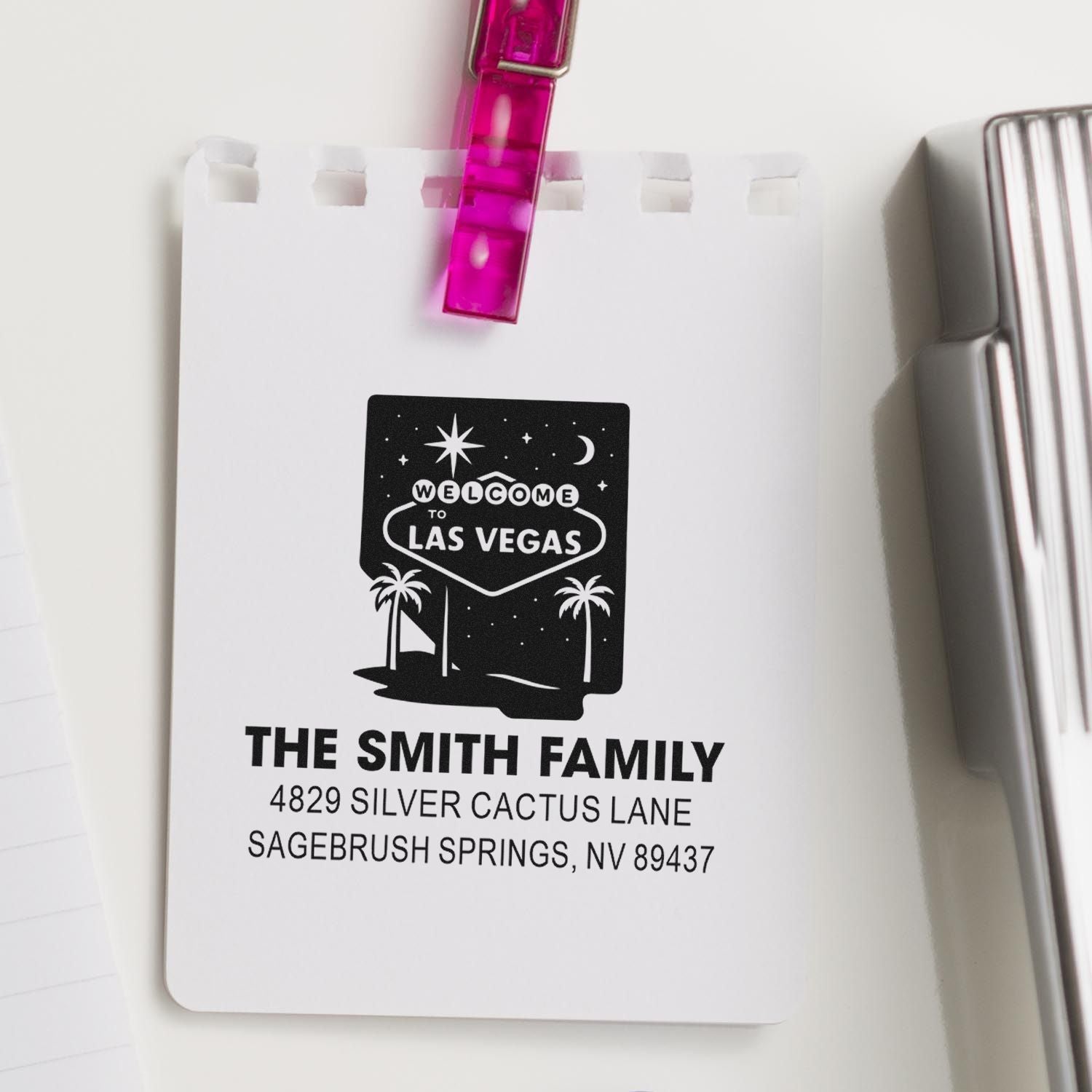 Custom return address rubber stamp with Welcome to Las Vegas design for The Smith Family, personalized stamp sample