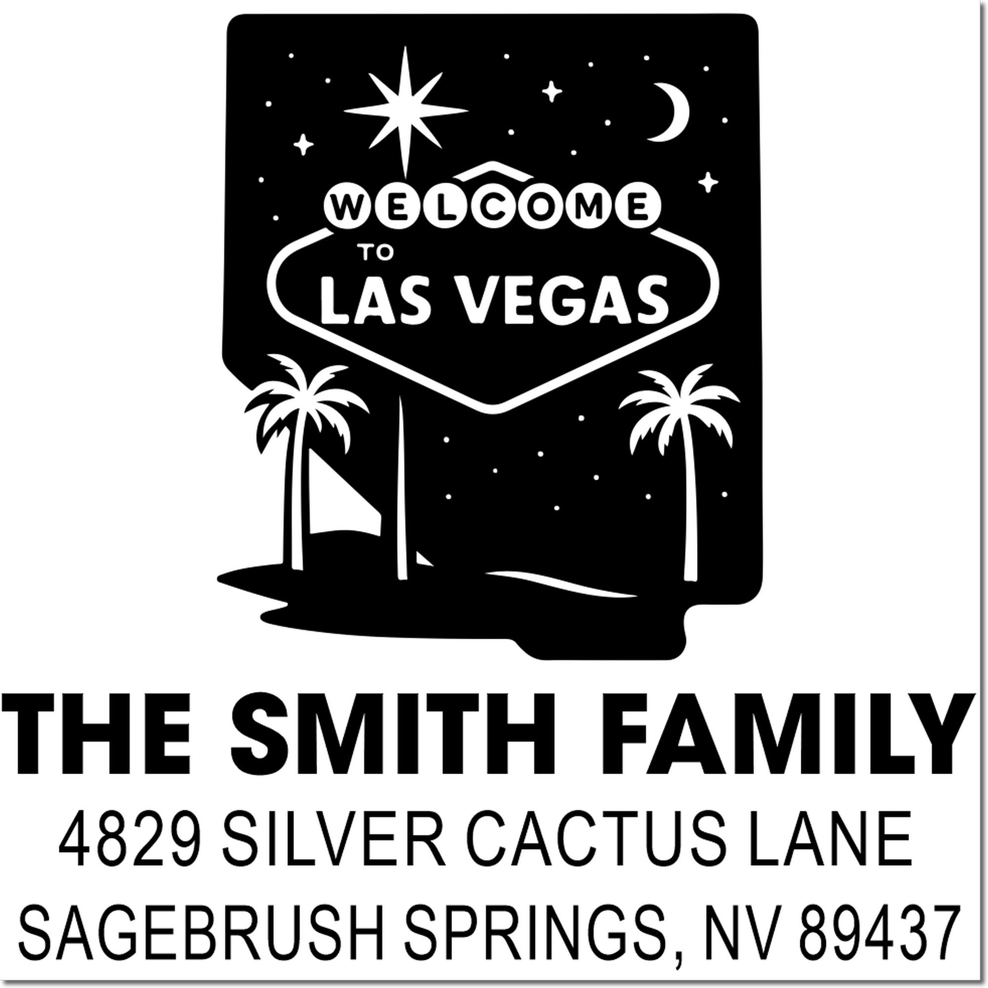 Custom rubber stamp design with Welcome to Las Vegas sign, The Smith Family name, and return address for Sagebrush Springs, NV.