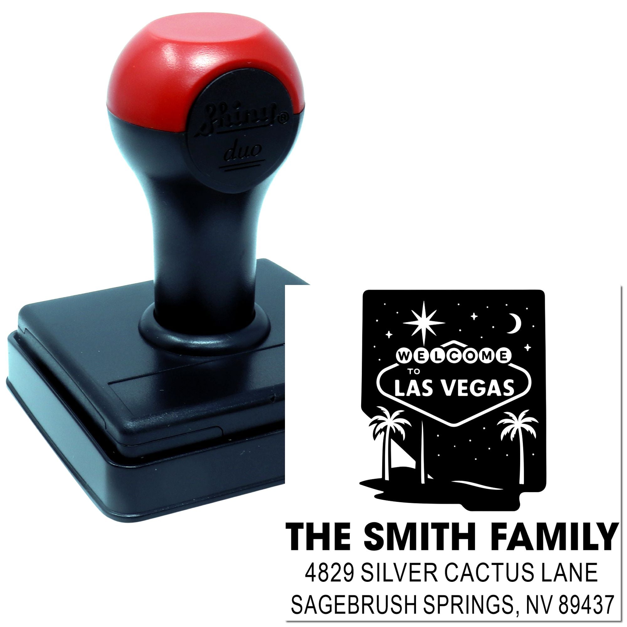 Custom self-inking rubber stamp with Welcome to Las Vegas design and Smith Family return address
