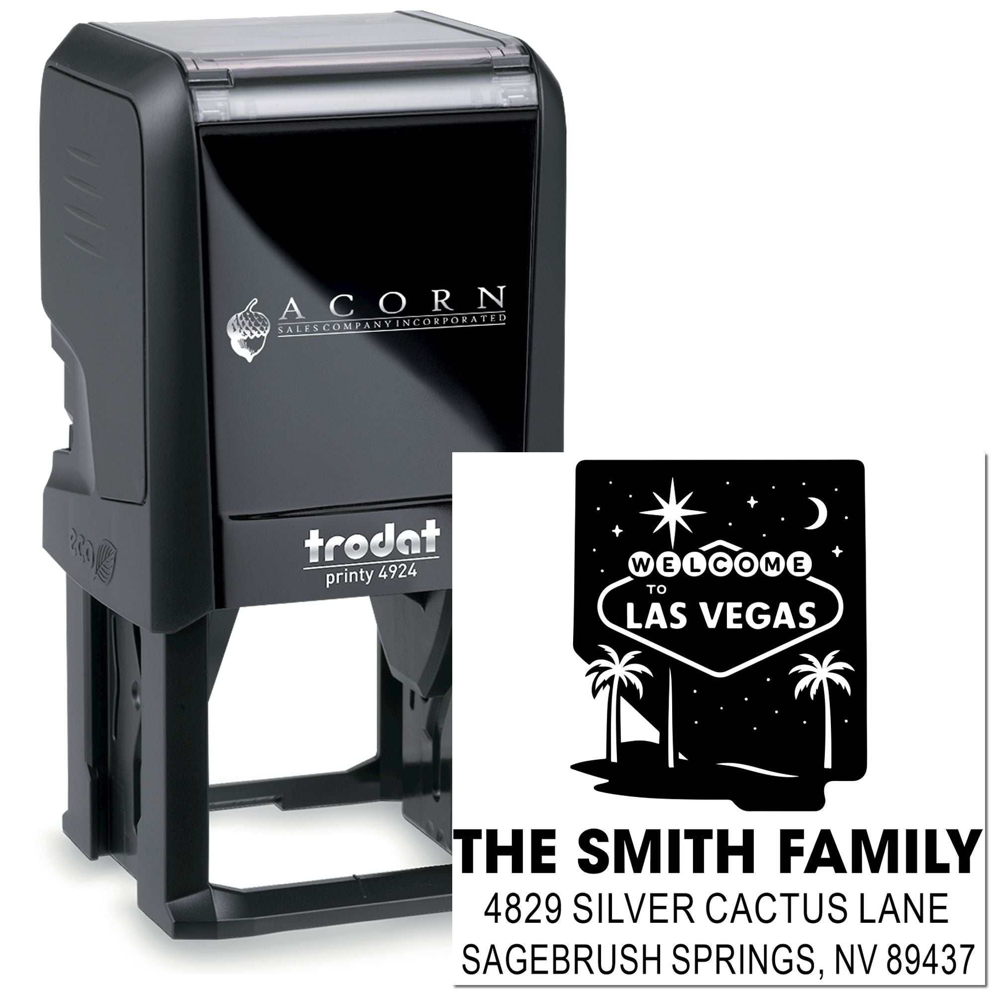 Custom self-inking rubber stamp with Welcome to Las Vegas return address design for personalized mail and family stationery.