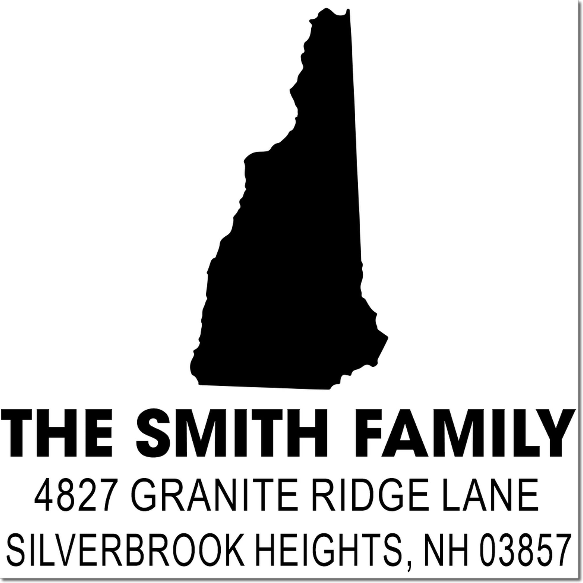 Custom New Hampshire address rubber stamp for The Smith Family, 4827 Granite Ridge Lane, Silverbrook Heights, NH 03857