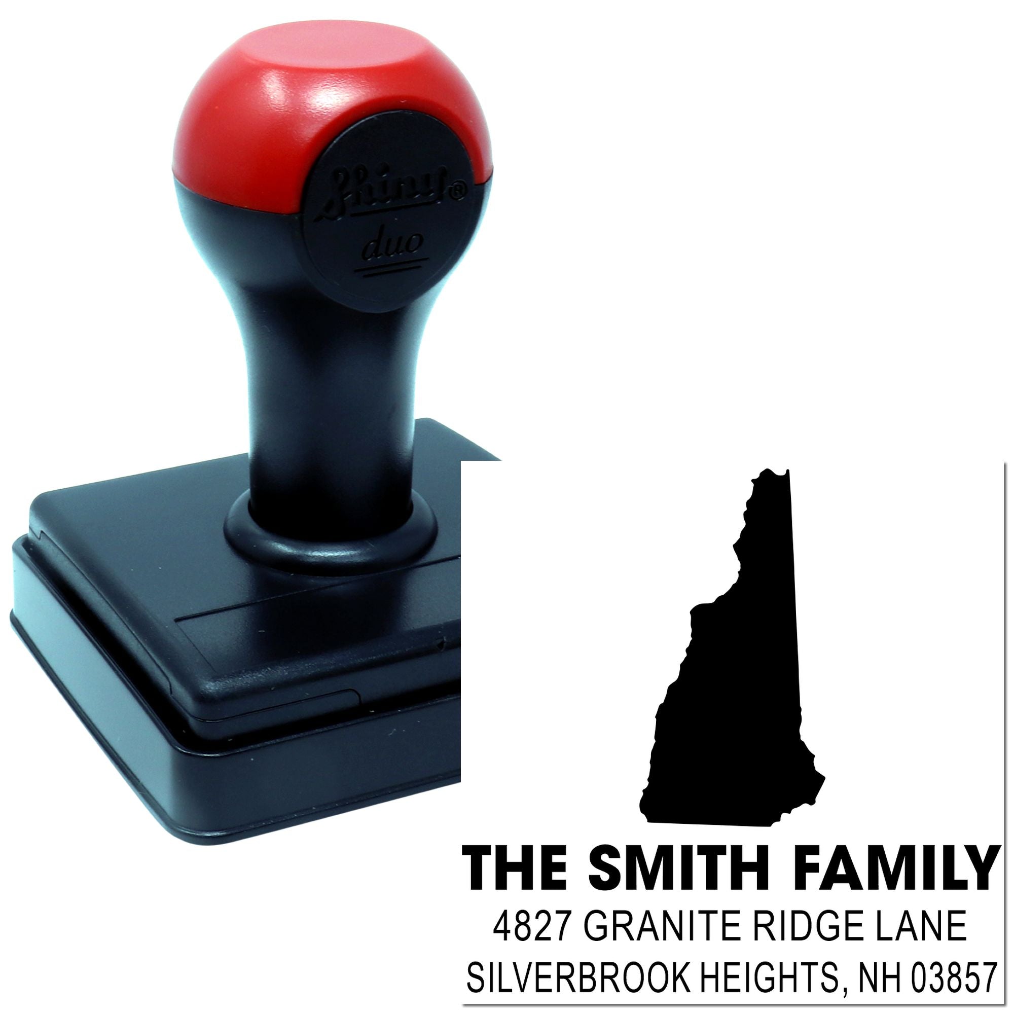 Custom self-inking address rubber stamp for The Smith Family, featuring New Hampshire silhouette and return address.