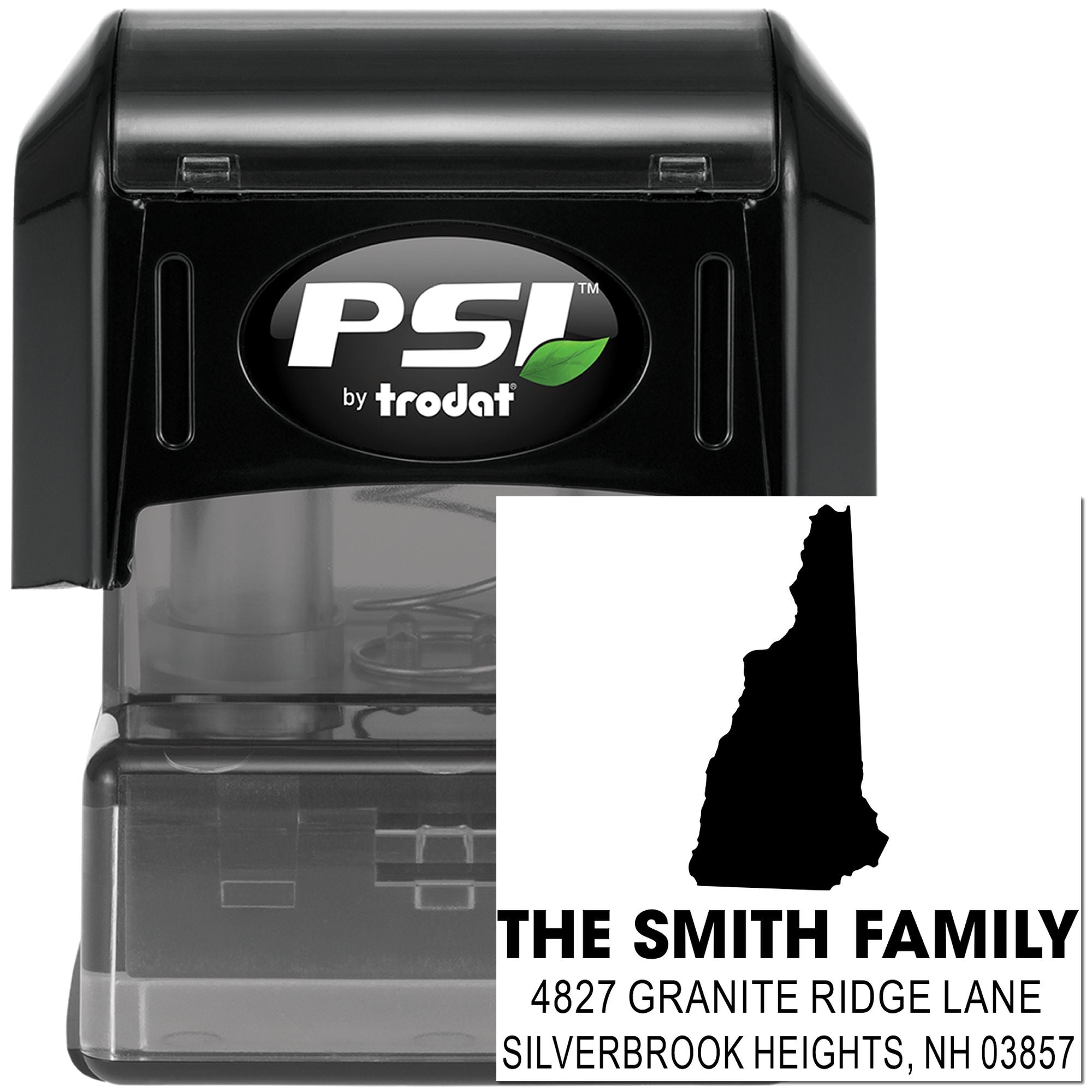 PSI by Trodat self-inking personalized address rubber stamp with New Hampshire family name design