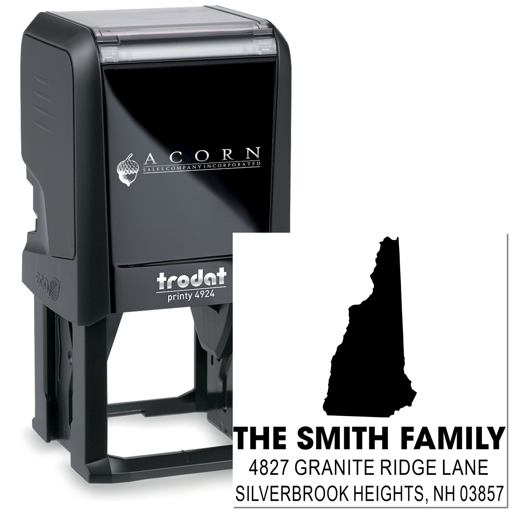Custom self-inking address rubber stamp with New Hampshire design, ideal for personalized family return address stamping.