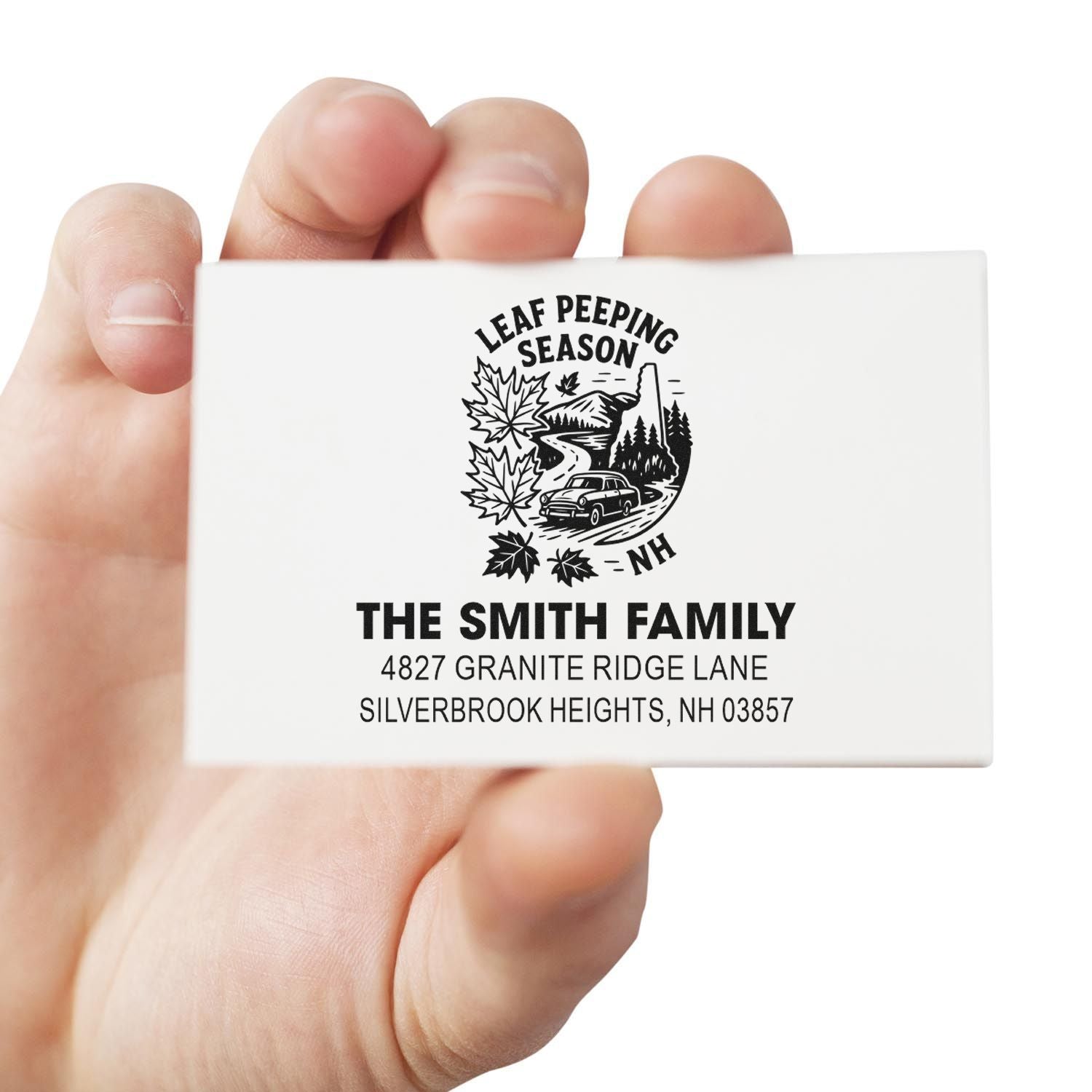 Personalized return address rubber stamp with Leaf Peeping Season design for The Smith Family in Silverbrook Heights, NH.