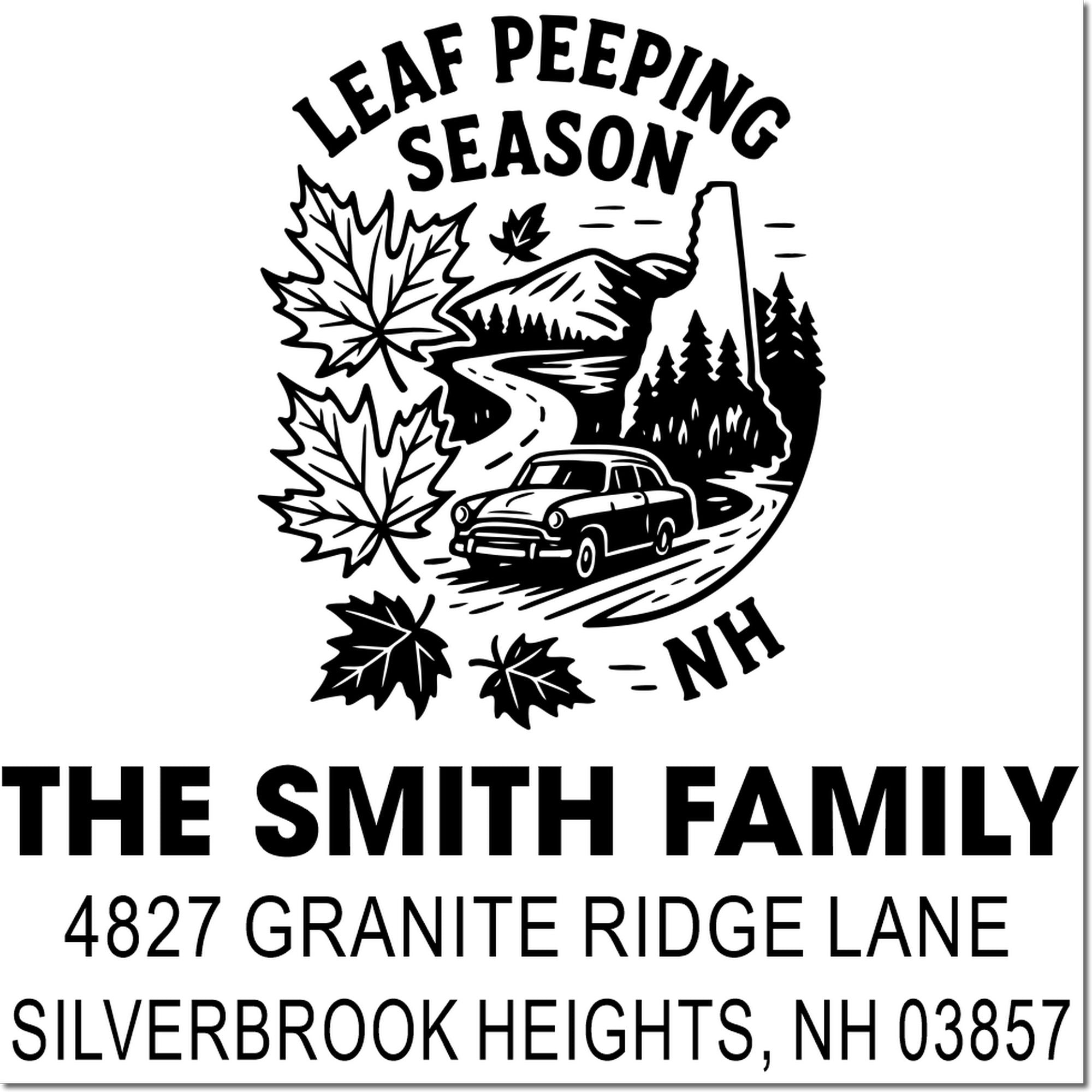 Custom family address rubber stamp with leaf peeping season design, road trip scene, and New Hampshire address.