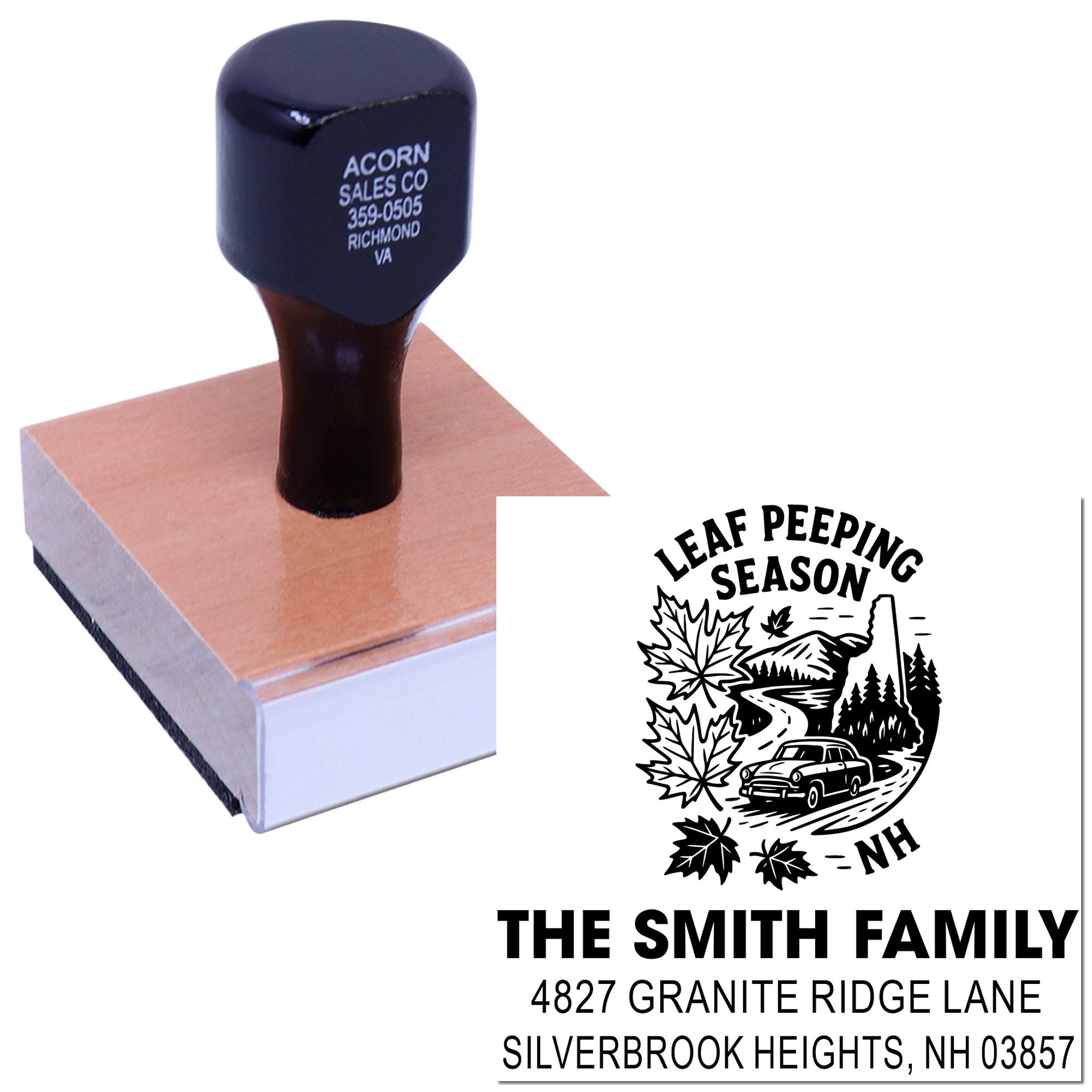 Custom self-inking rubber stamp with Leaf Peeping Season family address design and scenic fall artwork.