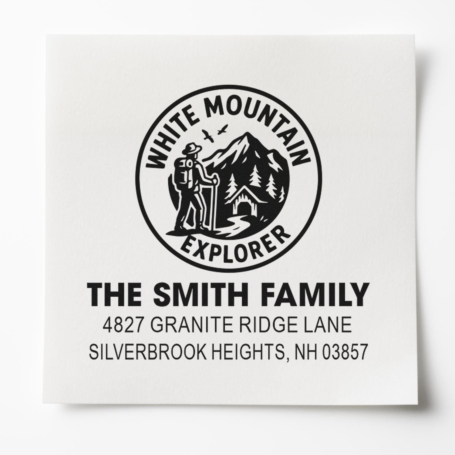 Custom White Mountain Explorer return address rubber stamp for The Smith Family, with hiking logo and Silverbrook Heights, NH address.