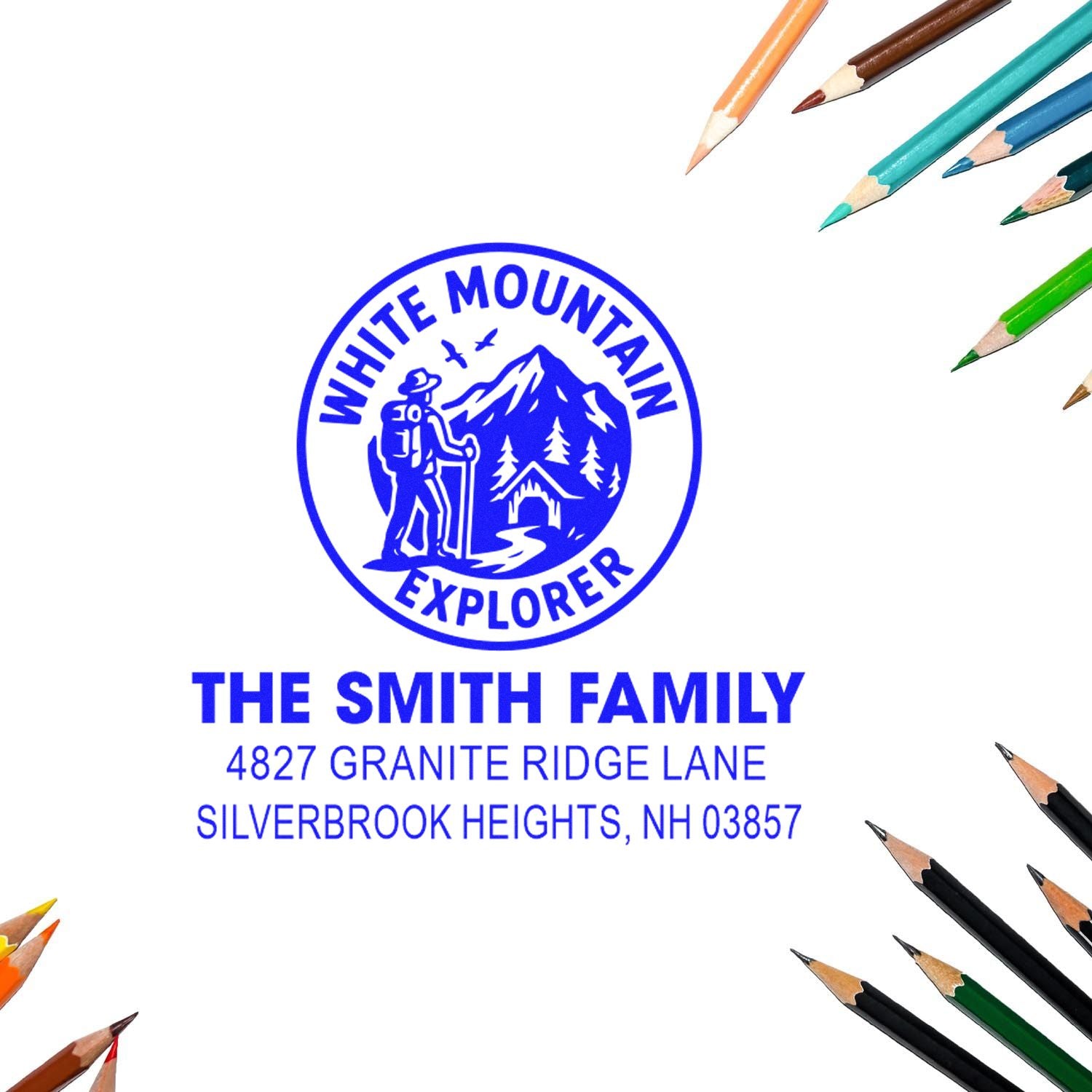 Custom address rubber stamp for The Smith Family with White Mountain Explorer logo, Silverbrook Heights, NH 03857.