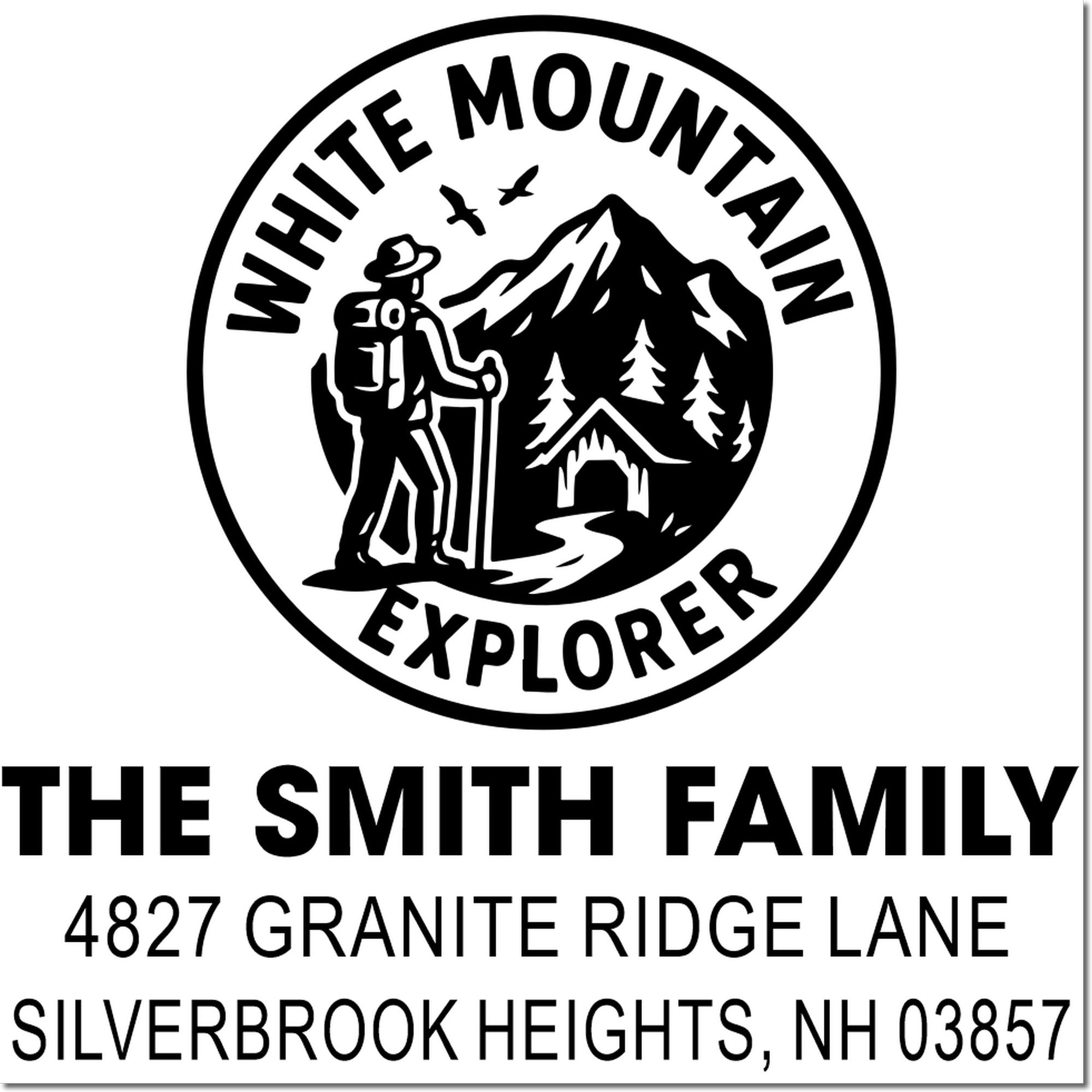 Custom family address rubber stamp with White Mountain Explorer hiker logo and Silverbrook Heights, NH 03857.