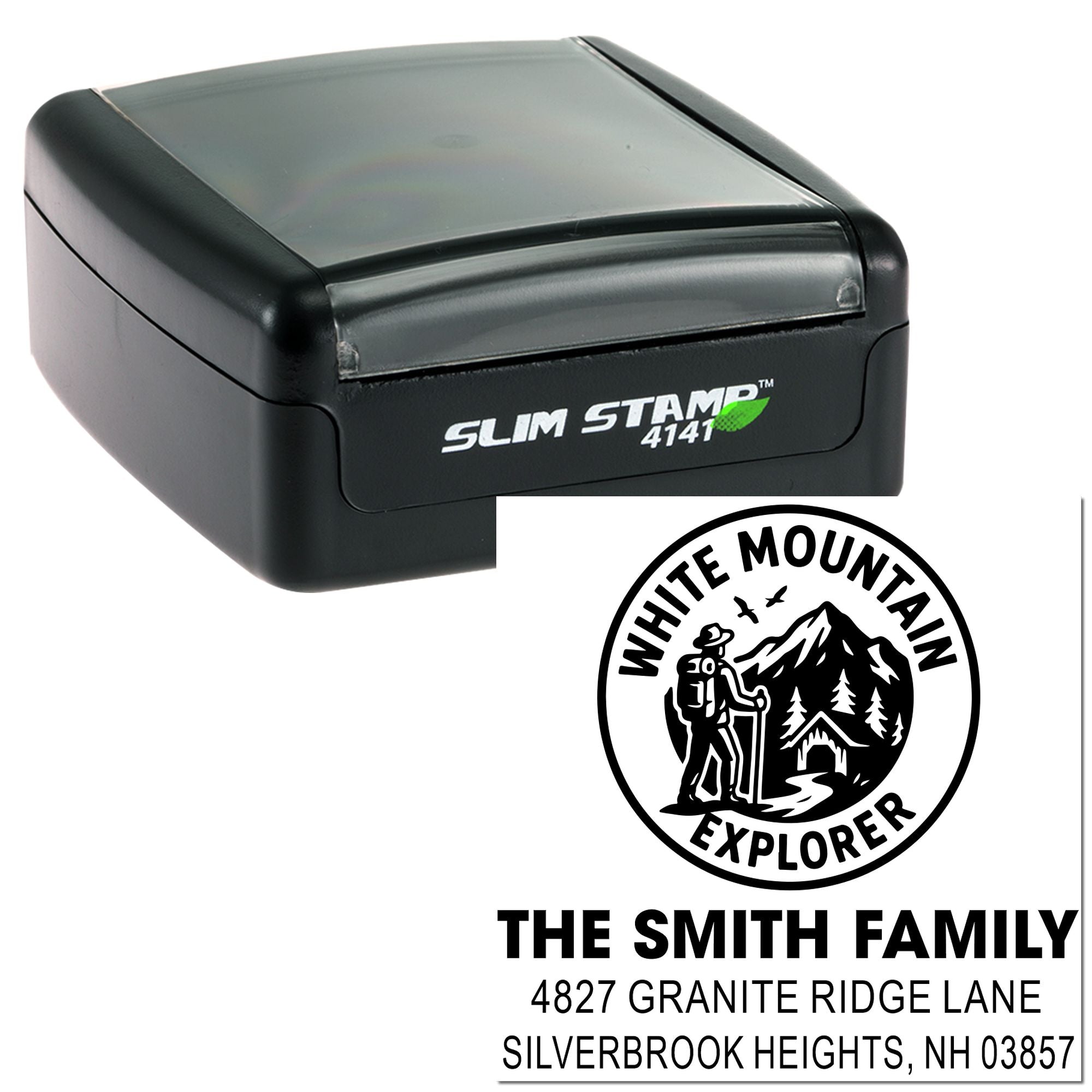 Custom self-inking rubber stamp with White Mountain Explorer logo and The Smith Family return address.