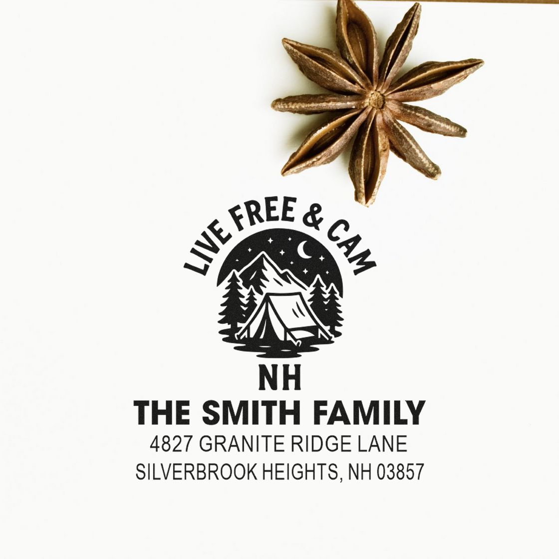 Custom return address rubber stamp for The Smith Family, featuring a camping logo and Silverbrook Heights, NH address.
