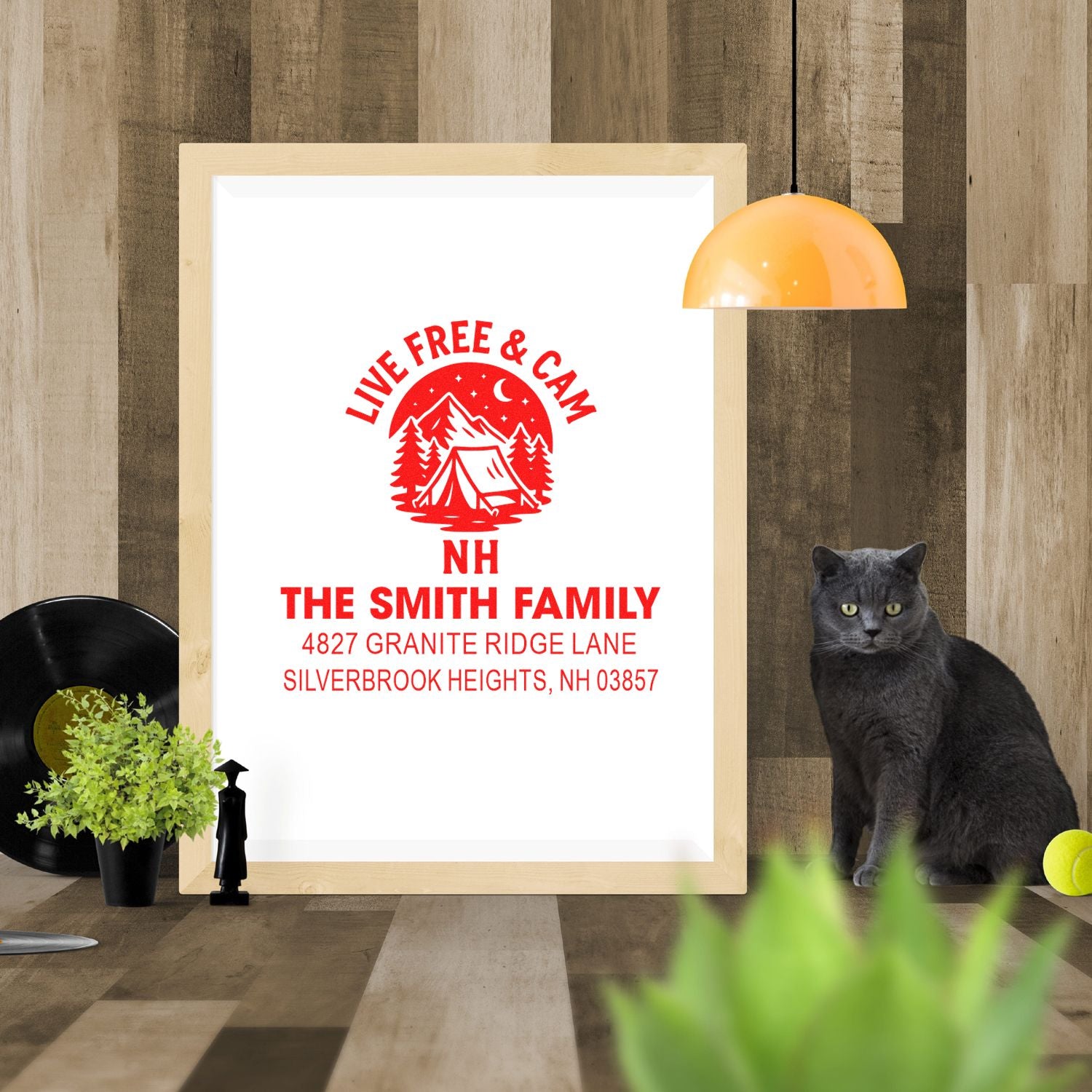 Personalized return address rubber stamp for The Smith Family, featuring a camping design and Silverbrook Heights, NH.