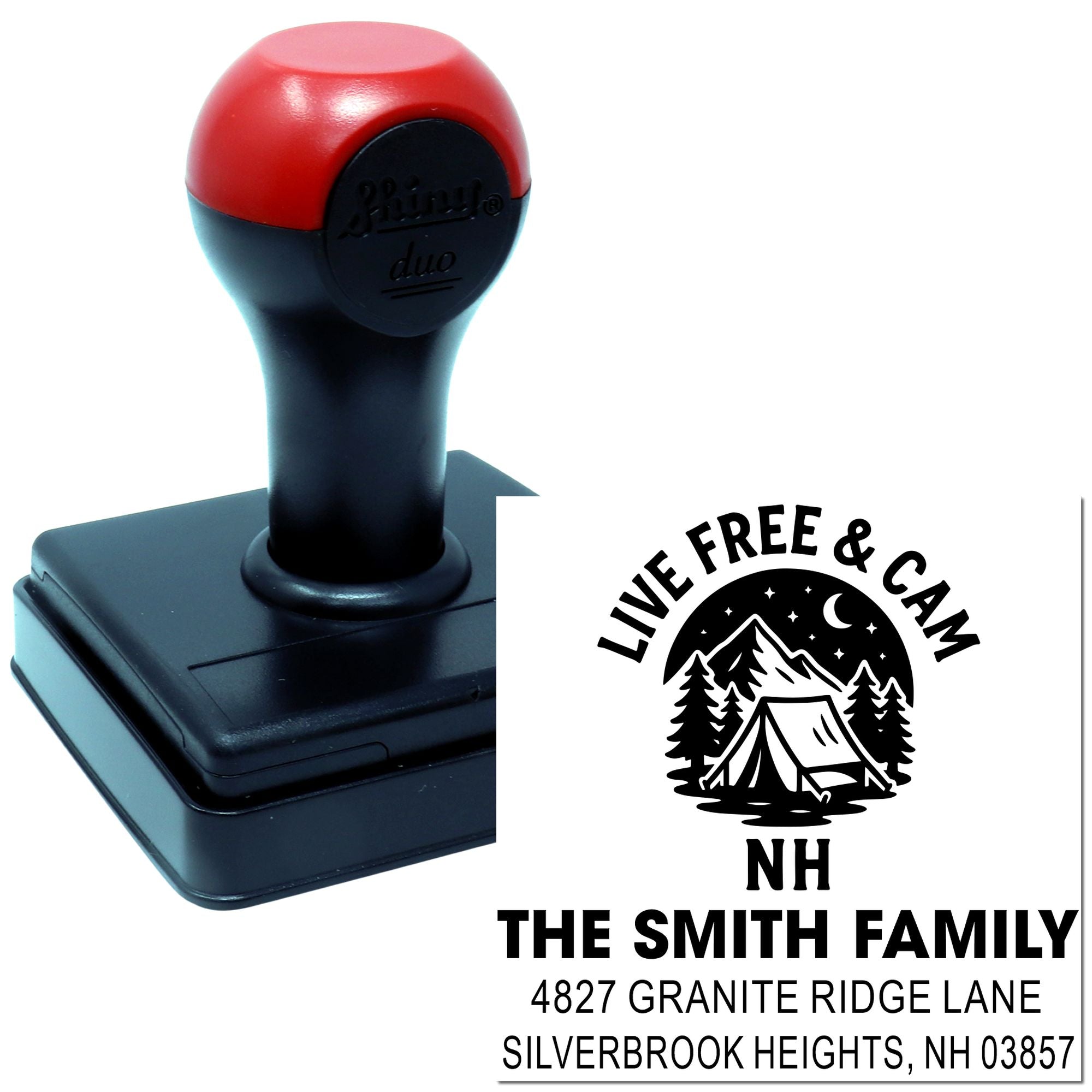 Custom self-inking rubber address stamp with Live Free & Camp NH camping design for The Smith Family.