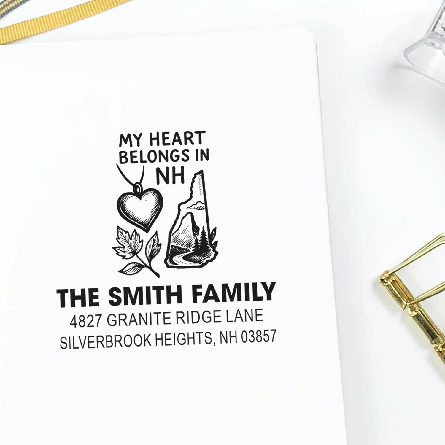 Custom New Hampshire family return address rubber stamp with My Heart Belongs in NH design for the Smith family.