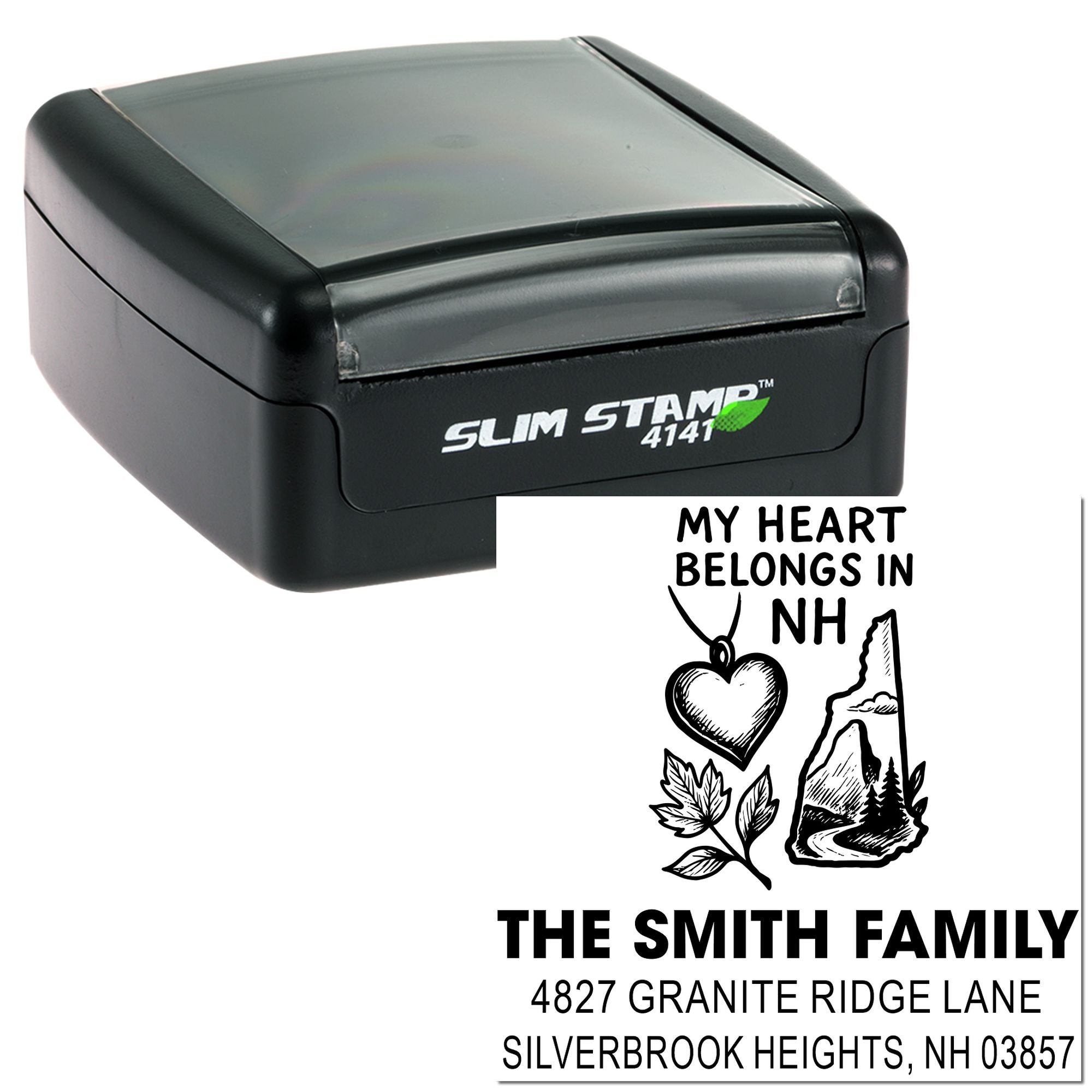 Custom Slim Stamp 4141 rubber address stamp with family name, NH design, and return address for envelopes.