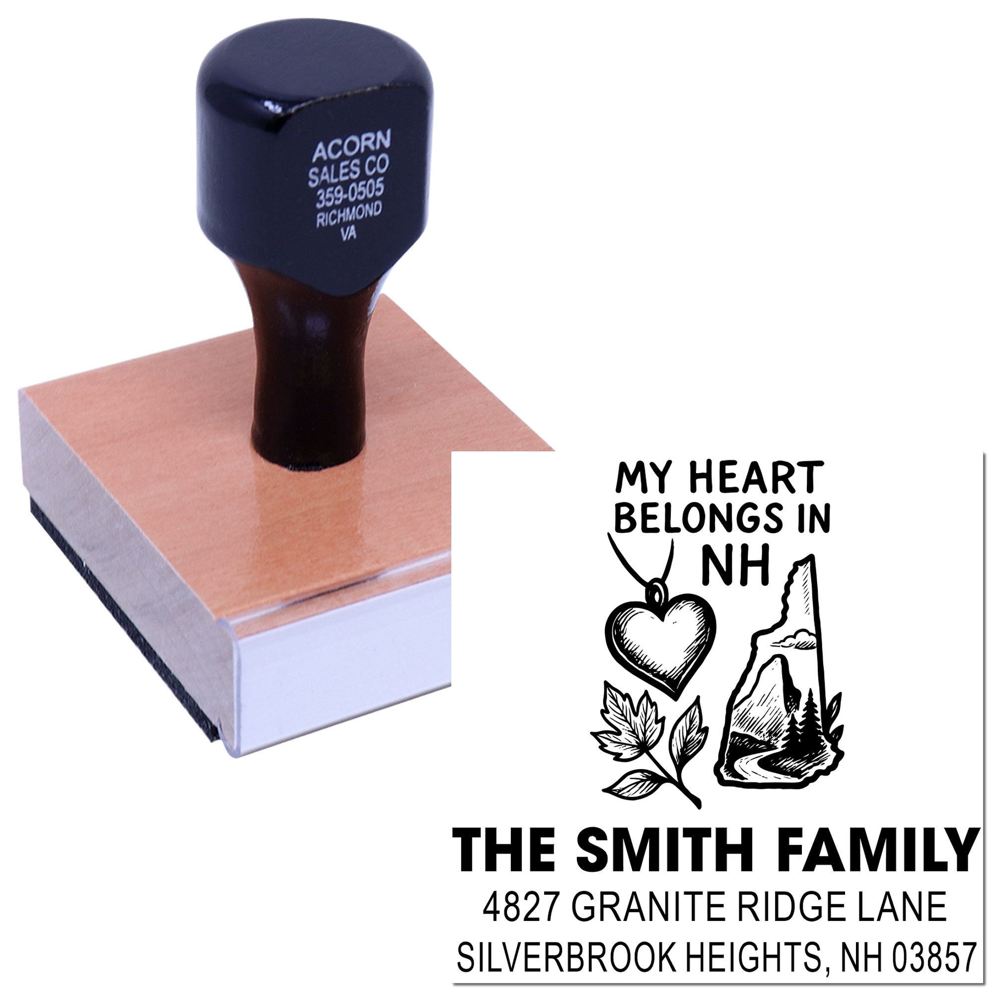 Custom rubber return address stamp with My Heart Belongs in NH design for The Smith Family mail imprint.