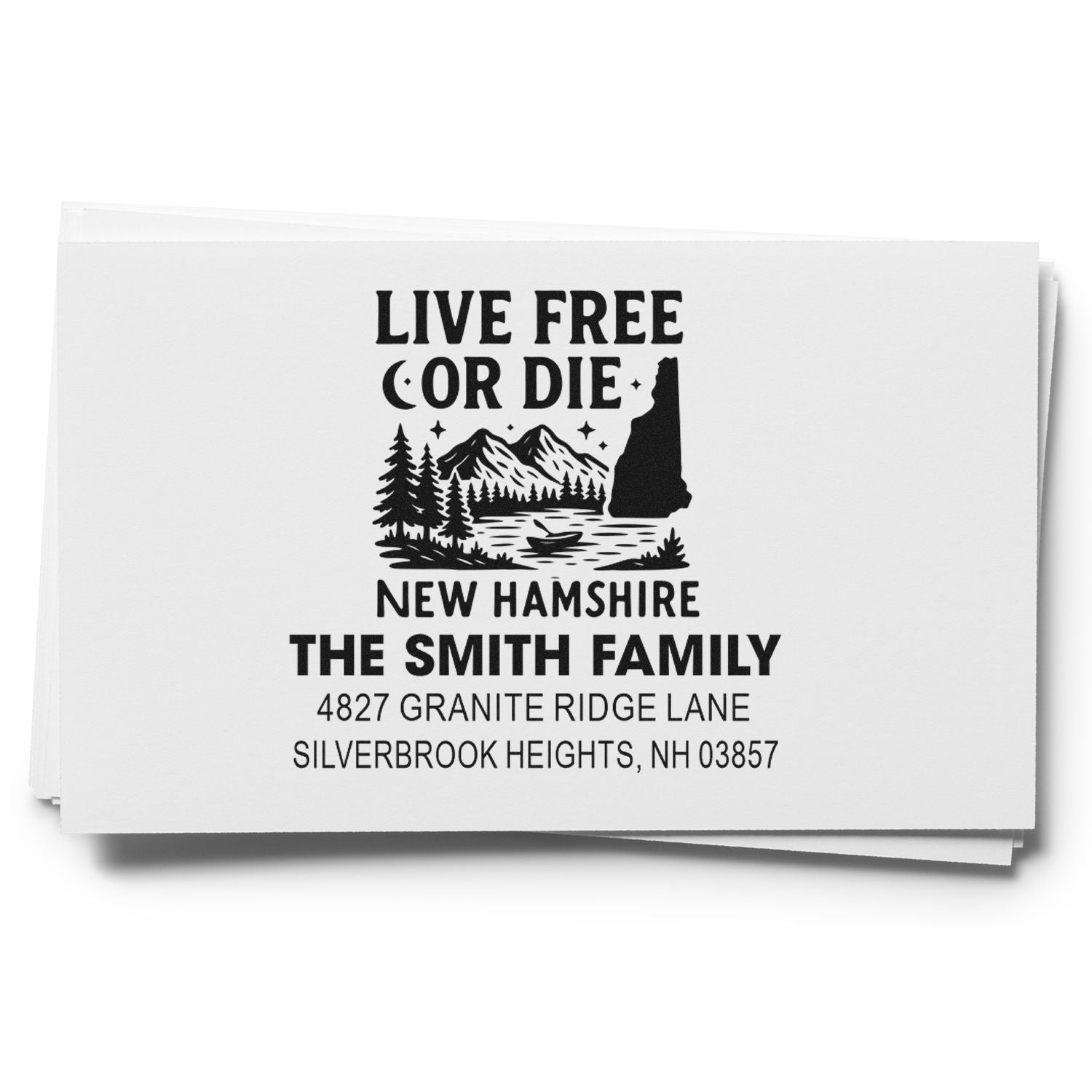 Custom New Hampshire return address rubber stamp for The Smith Family with Live Free or Die mountain design