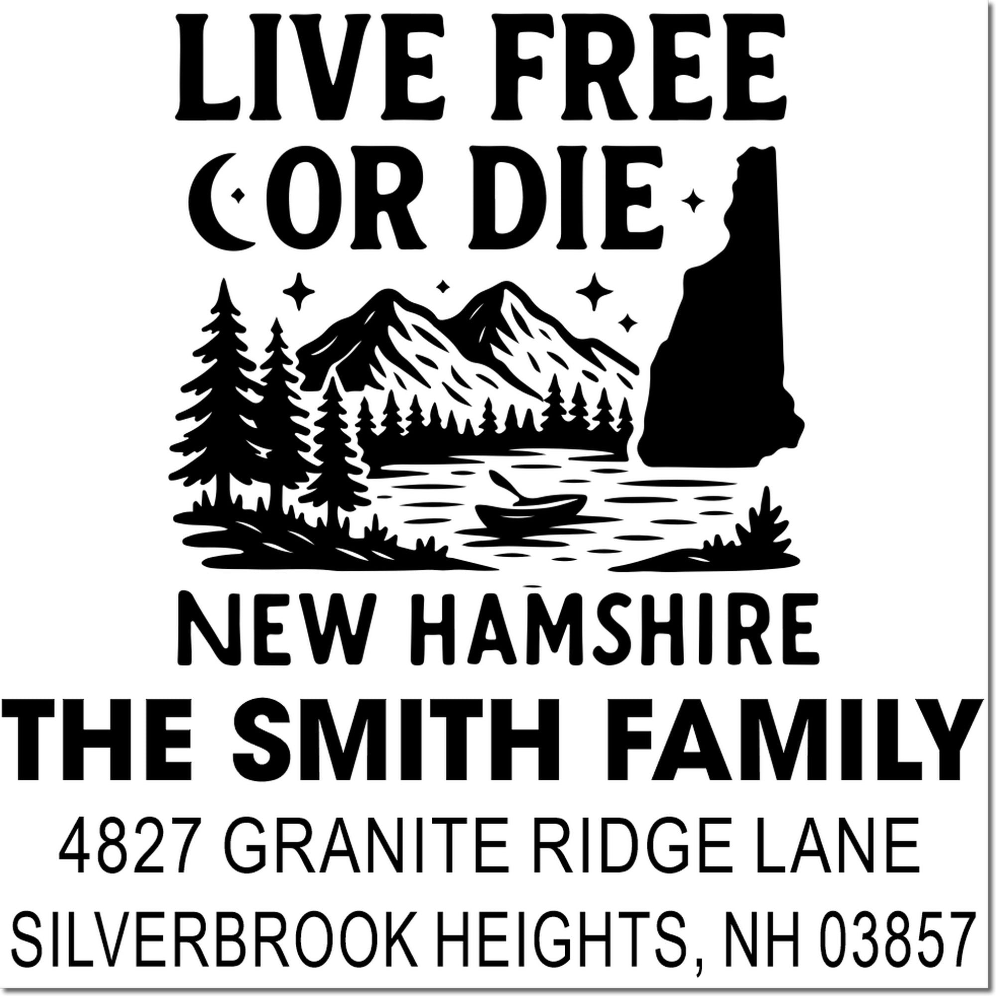 Custom New Hampshire return address rubber stamp with Live Free or Die mountain design for The Smith Family.