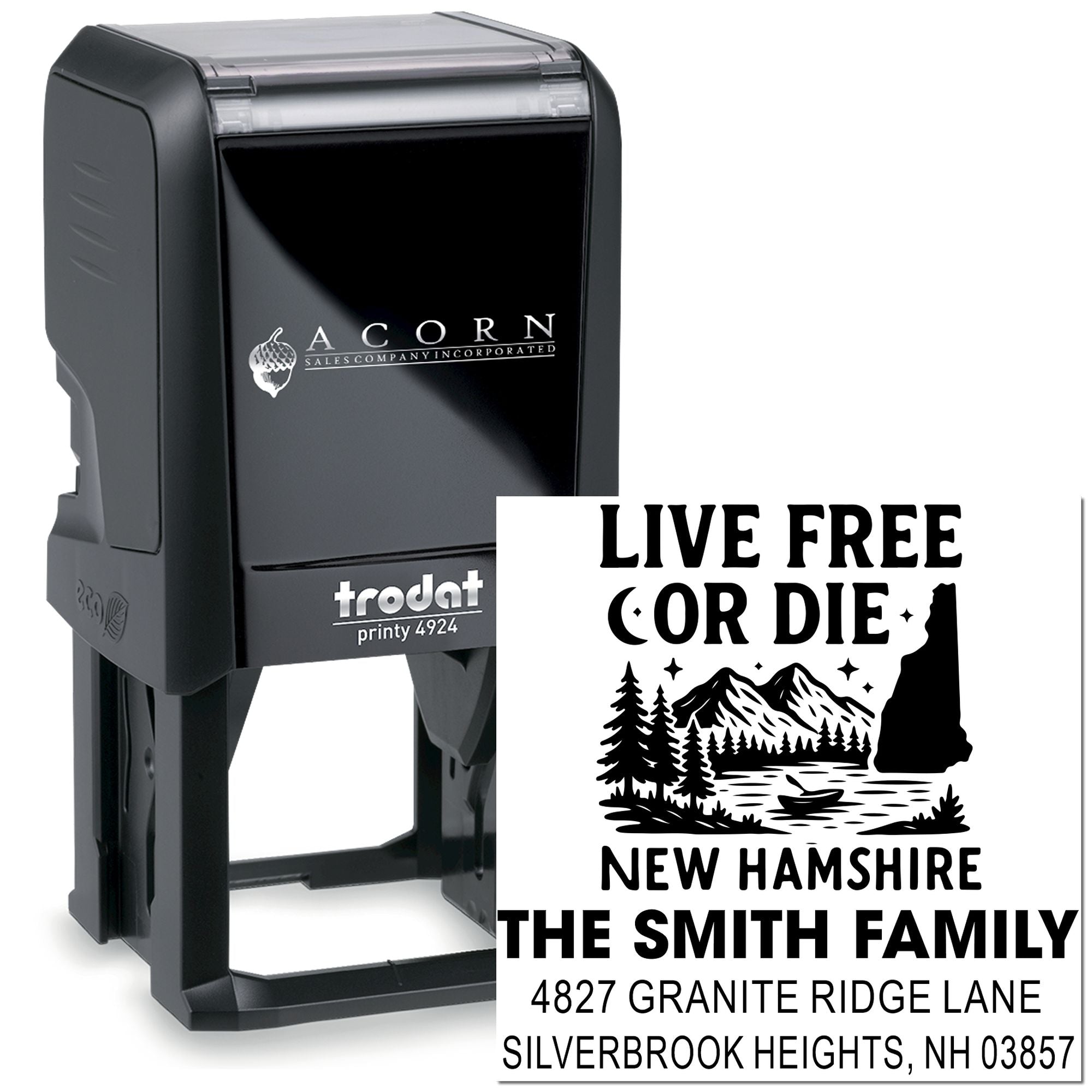 Custom self-inking rubber address stamp with New Hampshire Live Free or Die family return address design