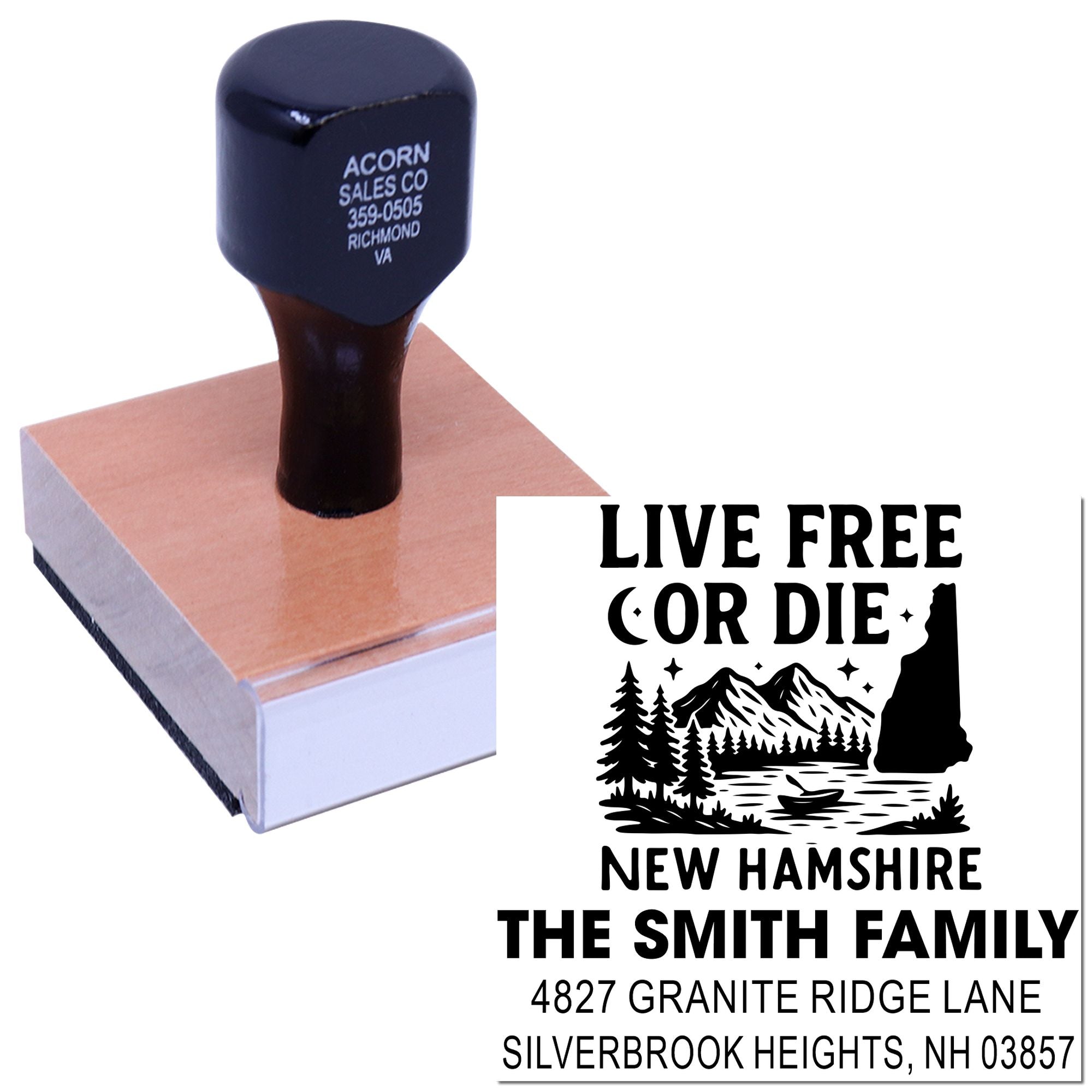 Custom New Hampshire family return address rubber stamp with Live Free or Die mountain design.