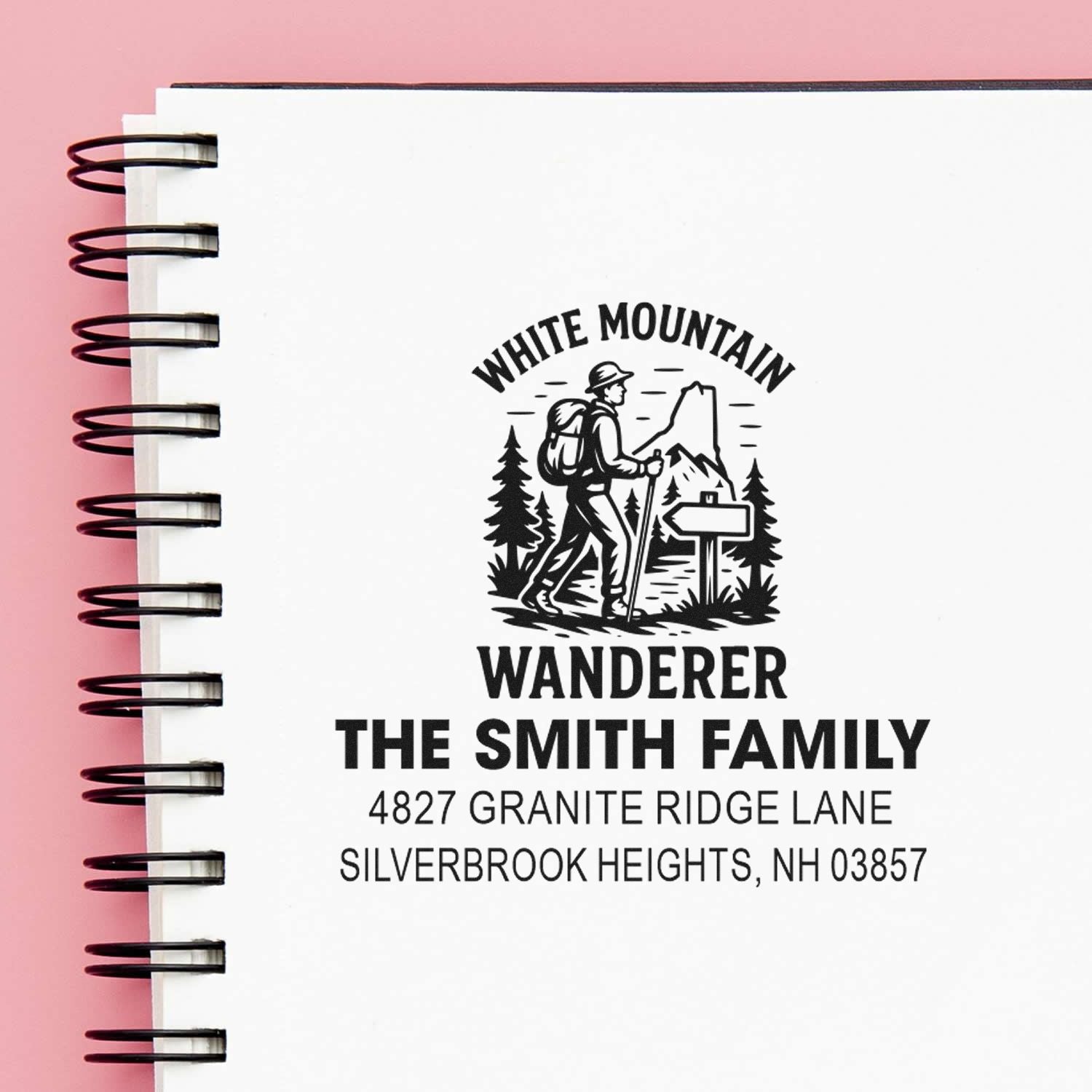Custom mountain hiking return address rubber stamp for The Smith Family, featuring personalized name and Silverbrook Heights address.