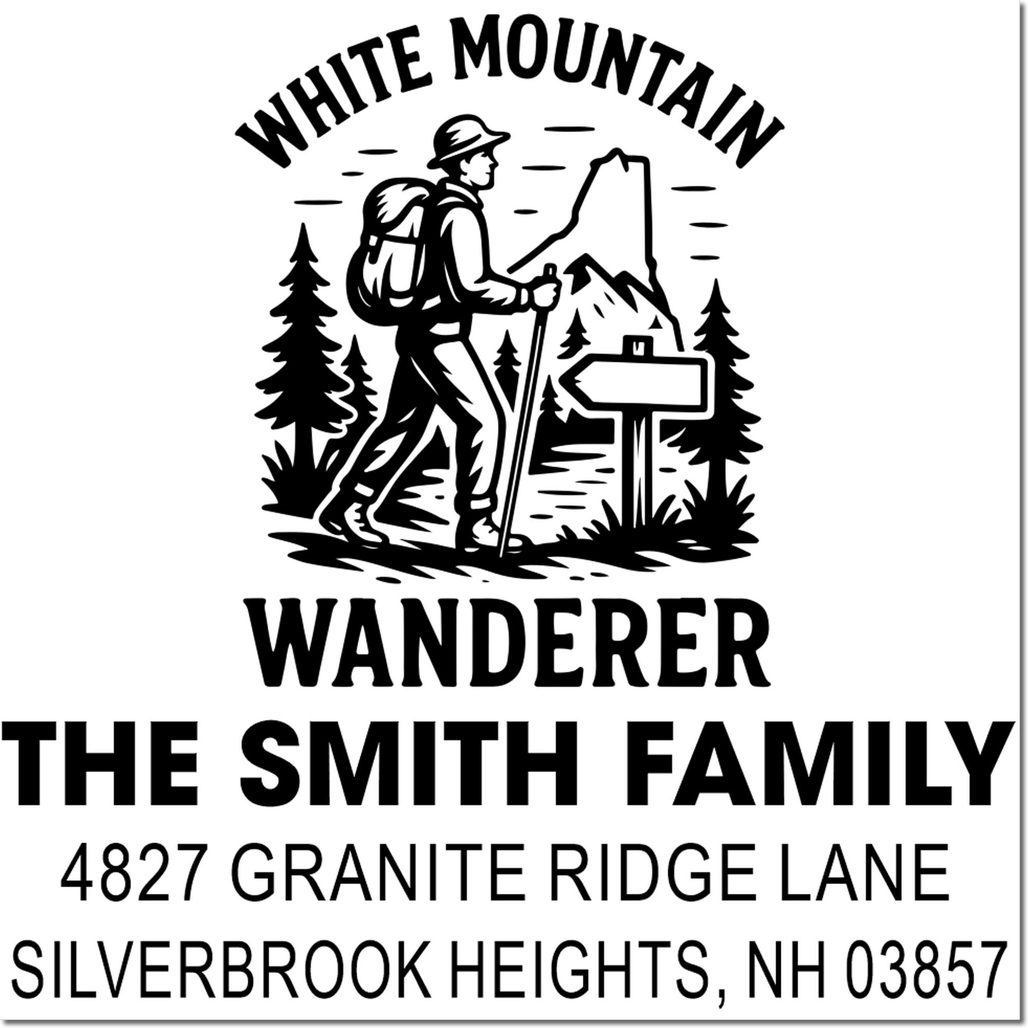 Custom White Mountain Wanderer rubber return address stamp for The Smith Family, Silverbrook Heights, NH hiking theme.