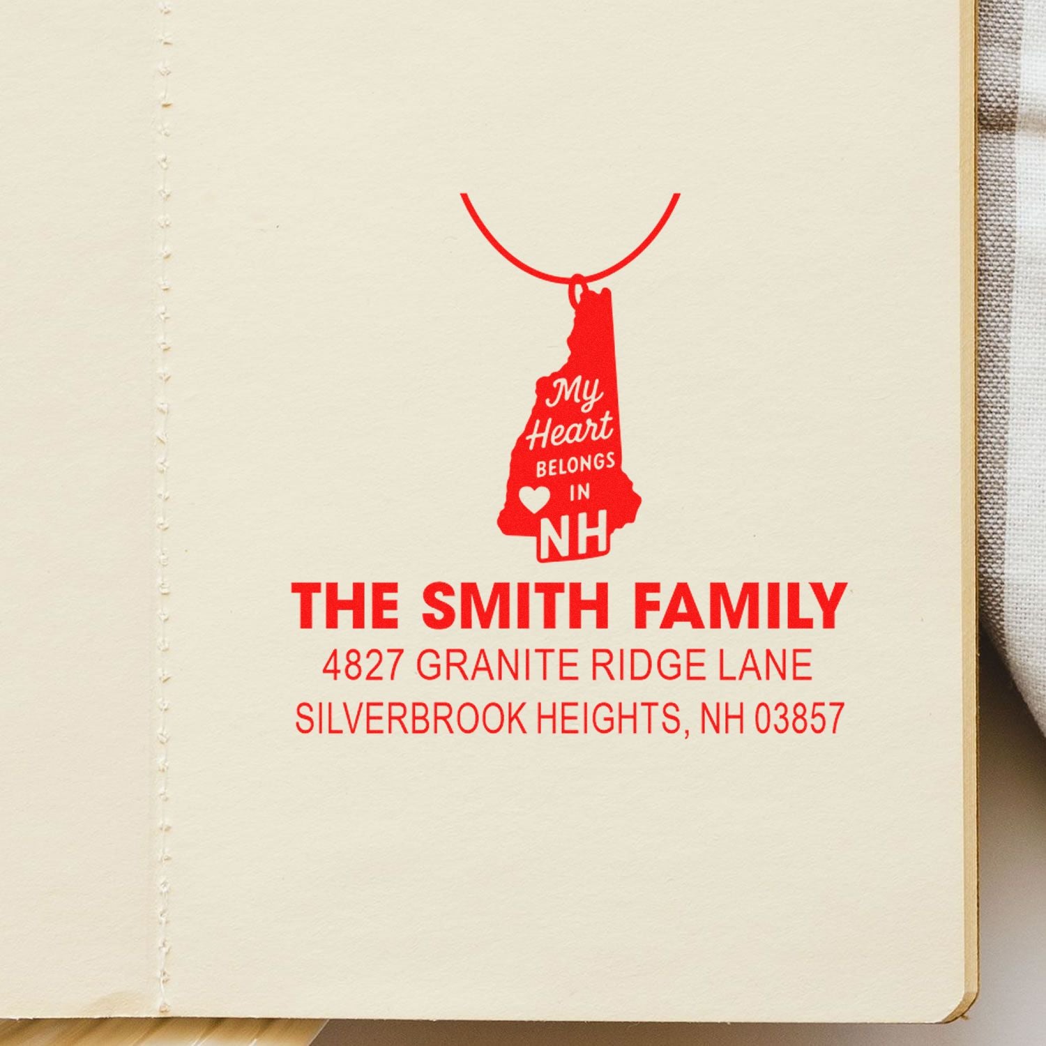 Custom New Hampshire return address rubber stamp for The Smith Family