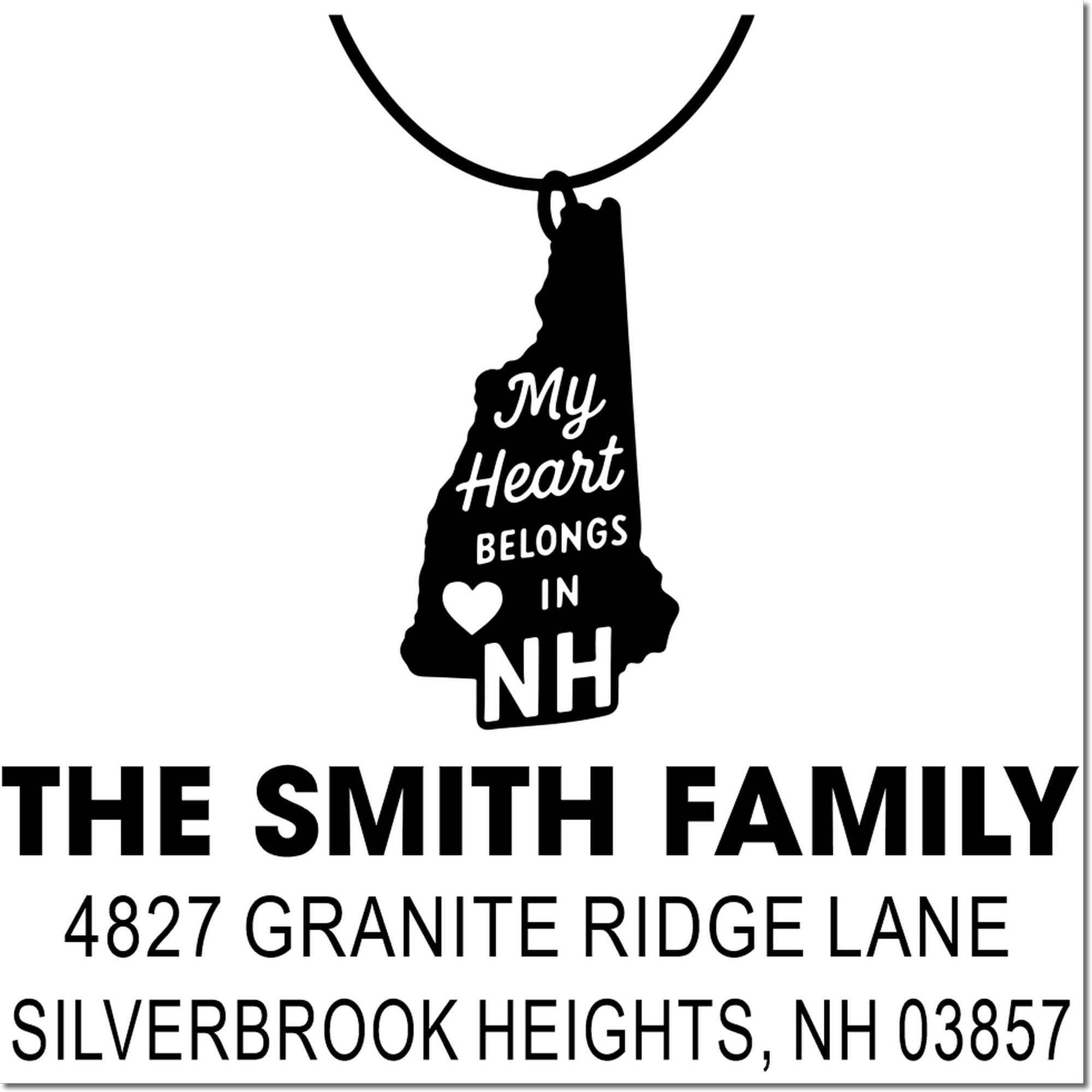 Custom New Hampshire return address rubber stamp for The Smith Family with state-shaped My Heart Belongs in NH design.