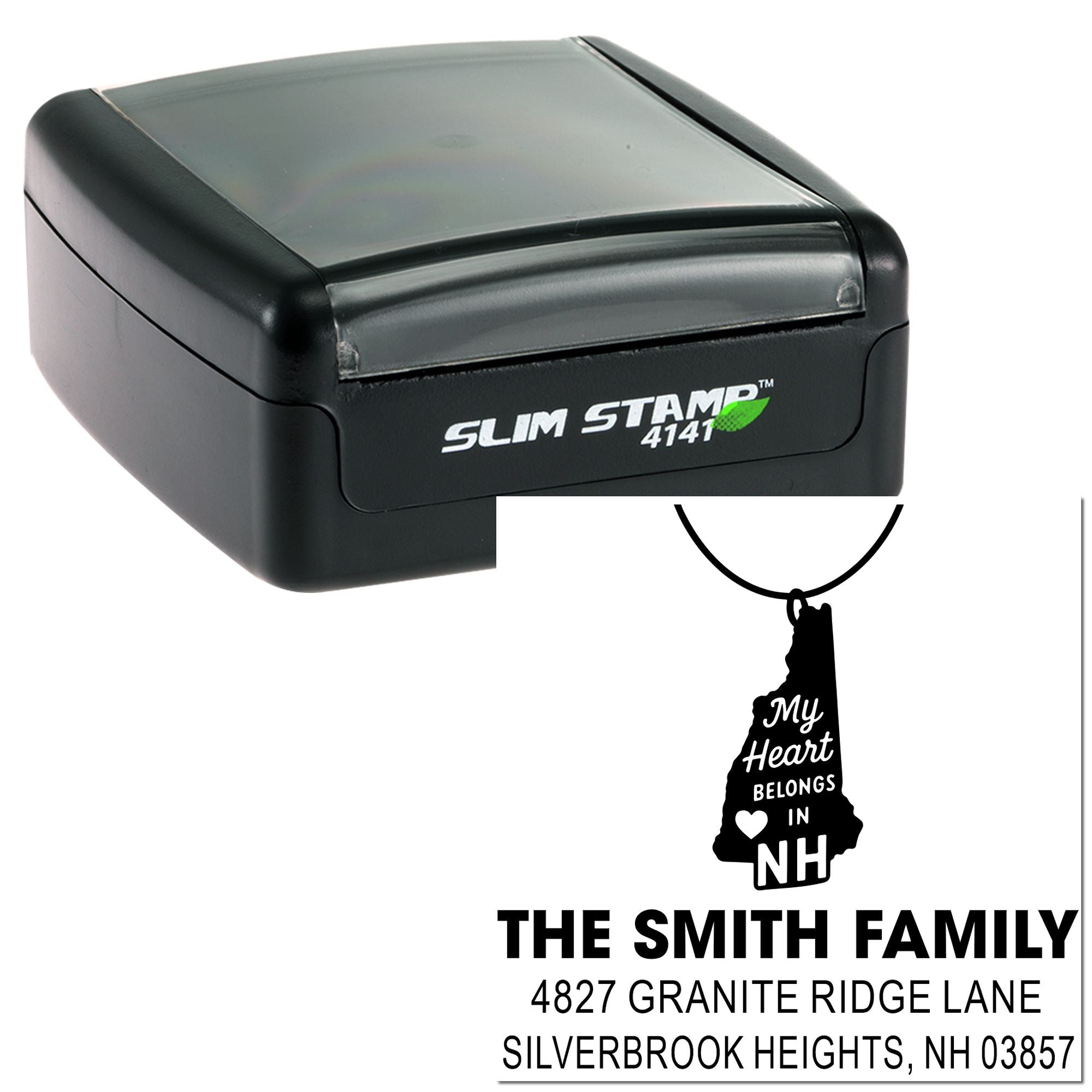 Slim Stamp 4141 self-inking rubber stamp with custom New Hampshire return address design for personalized mailing