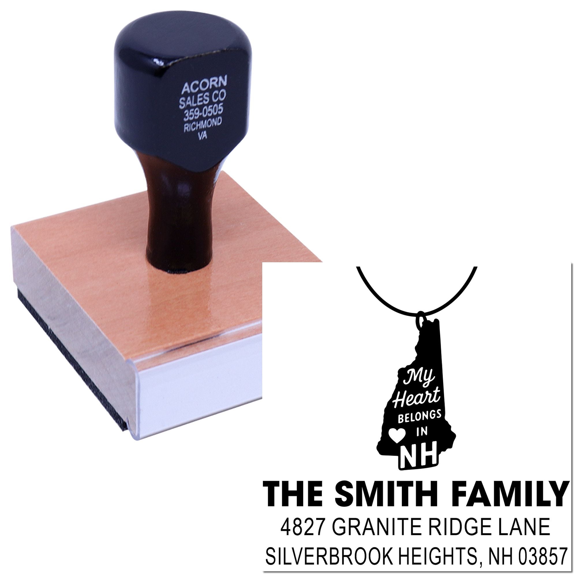 Custom rubber stamp with personalized family address and New Hampshire ornament design for mailers and holiday crafts.
