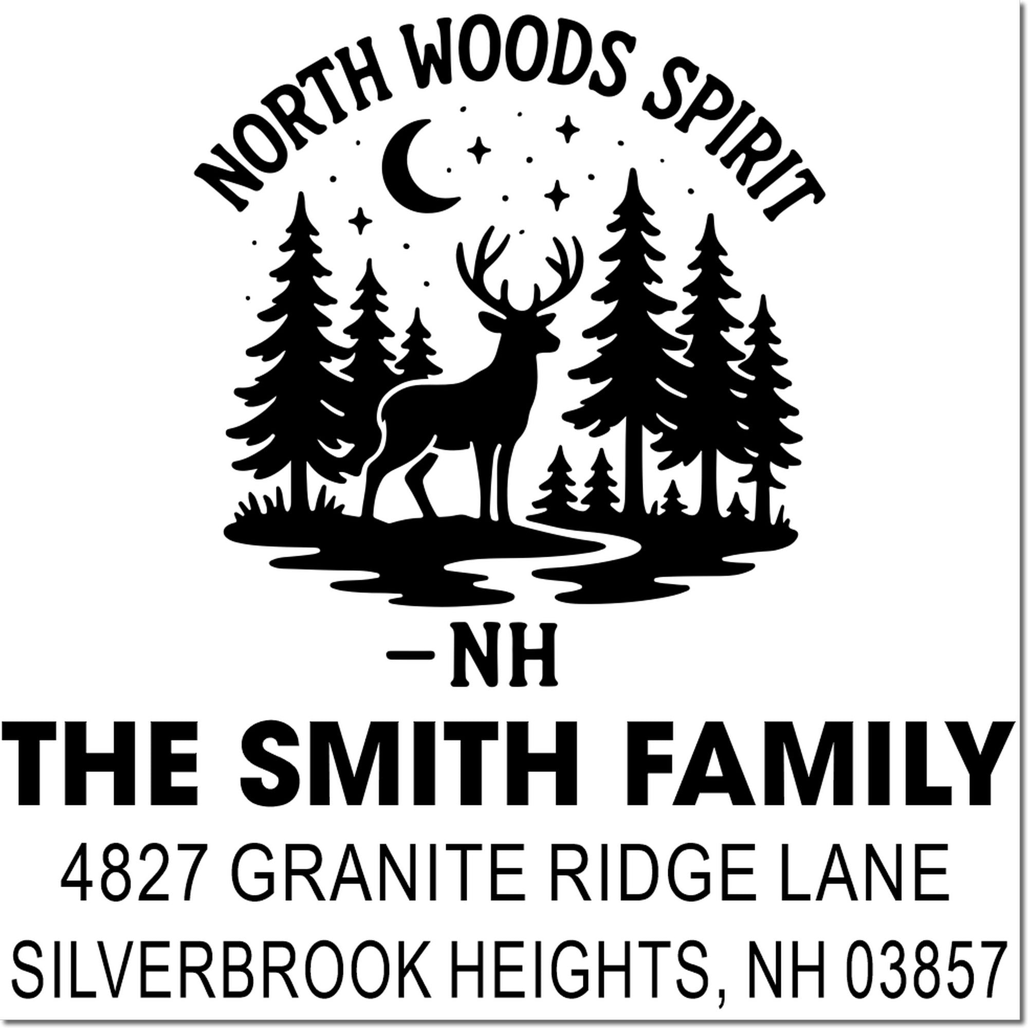 North Woods Spirit custom return address rubber stamp with deer, pines and Smith family name, Silverbrook Heights NH 03857.