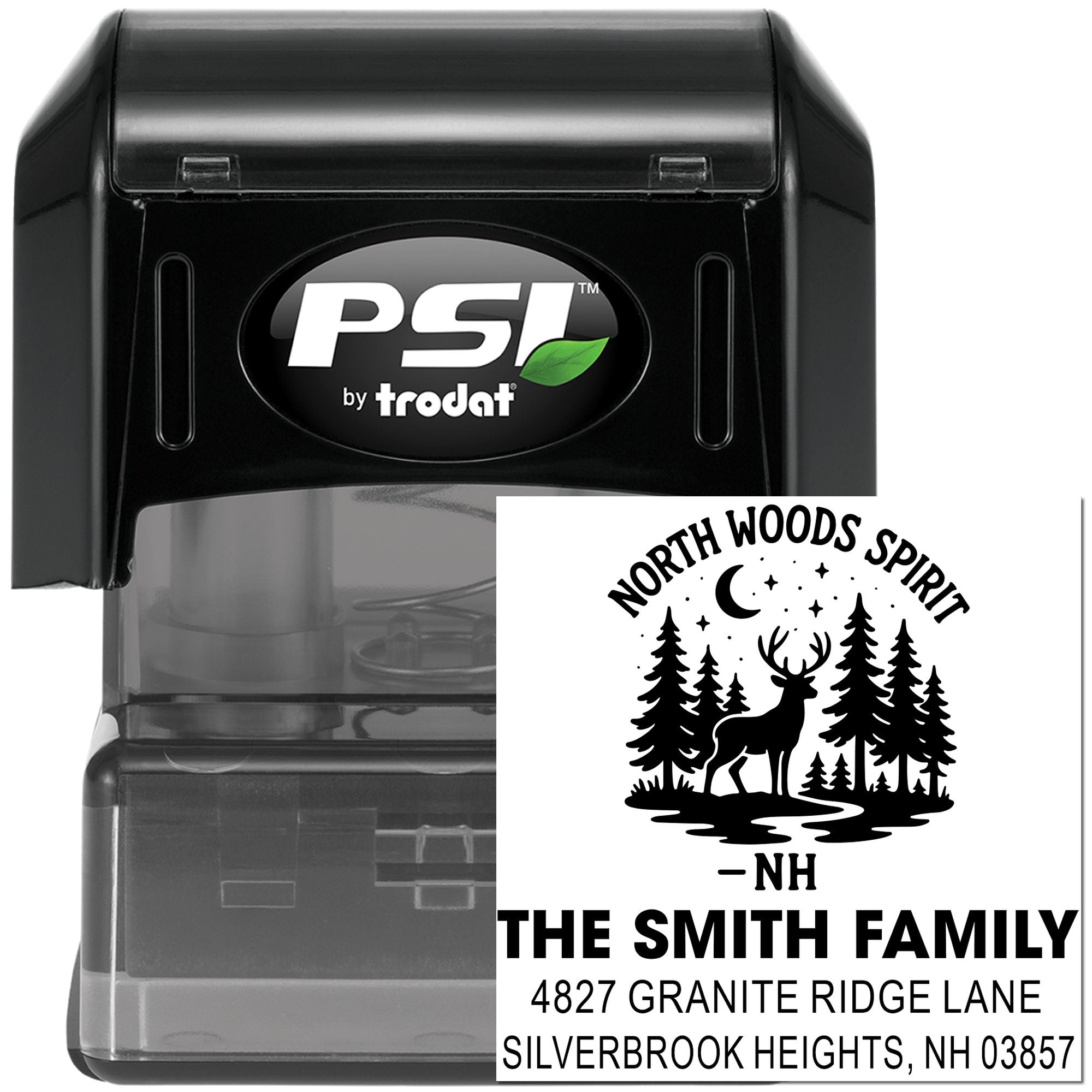 Custom self-inking rubber stamp by PSI Trodat with North Woods Spirit return address design for The Smith Family.