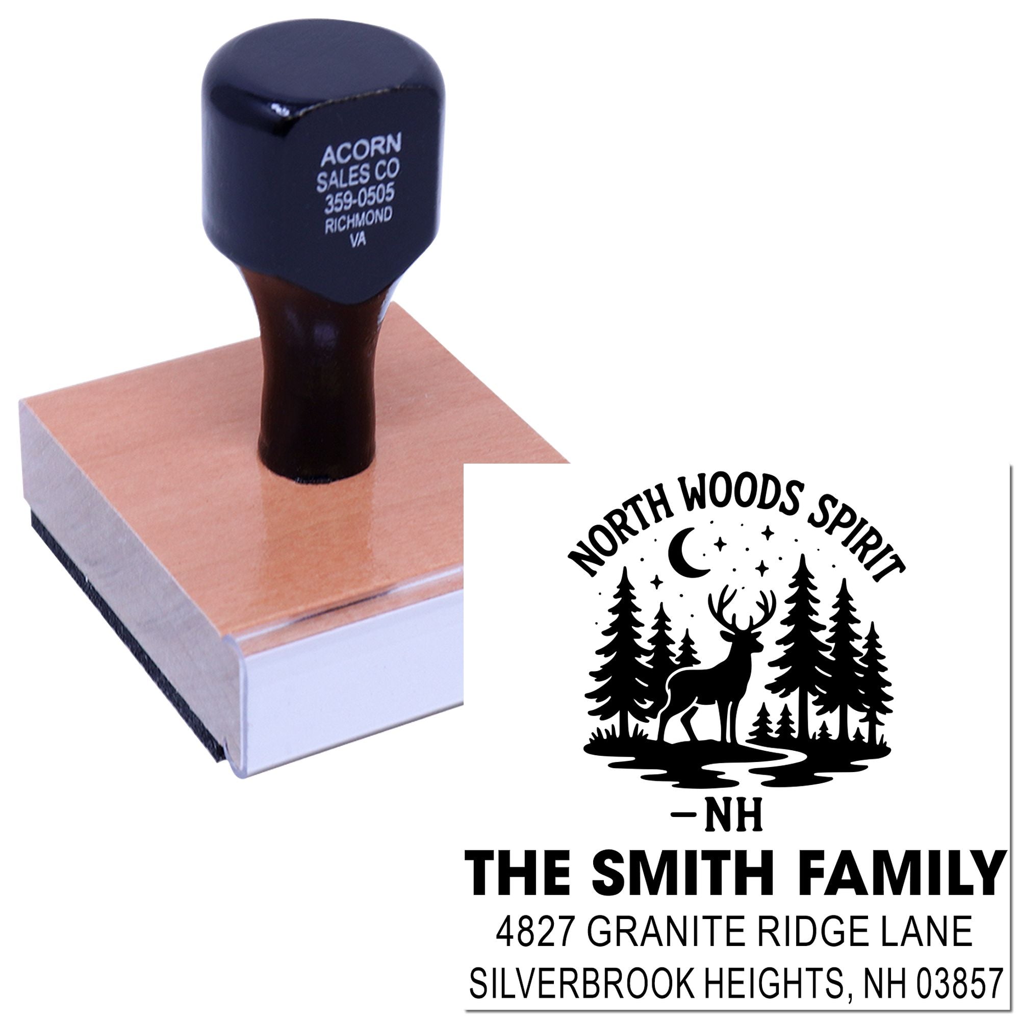 Custom address rubber stamp with woodland deer family logo, ideal for personalized mail, stationery, and housewarming gifts.